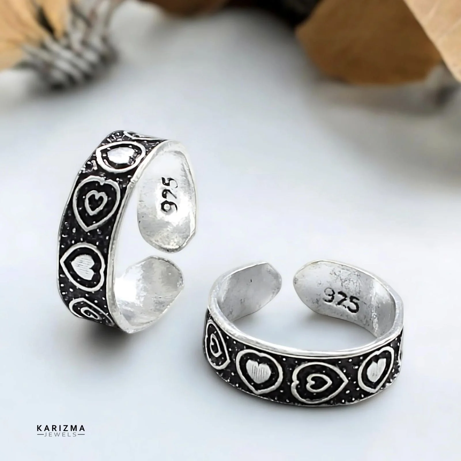 925 Sterling Silver Indian women Oxidized Lovely Heart foot toe rings band - Pair - Image 2