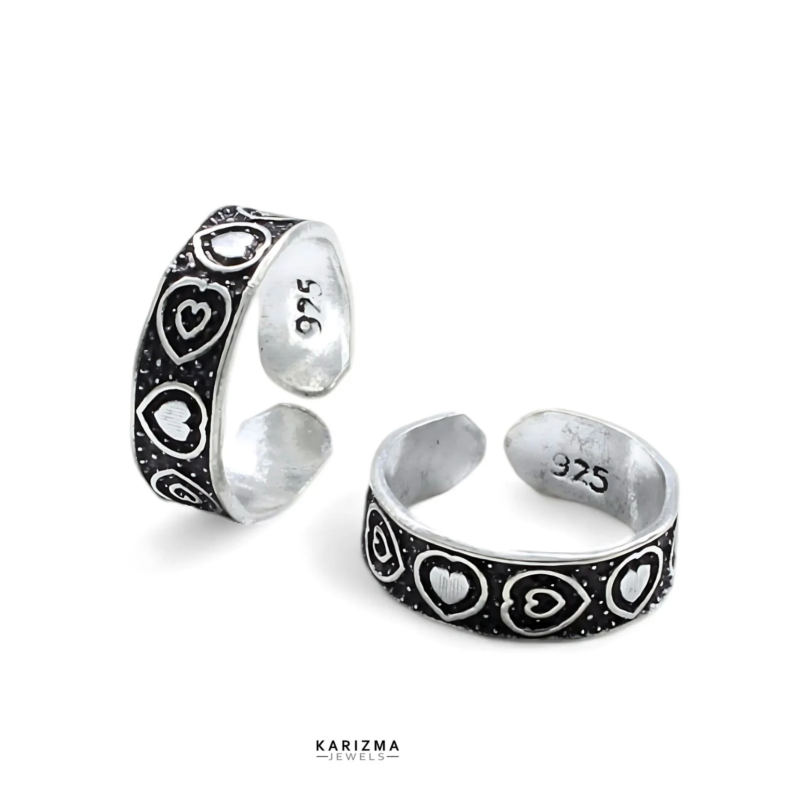 925 Sterling Silver Indian women Oxidized Lovely Heart foot toe rings band - Pair - Image 3