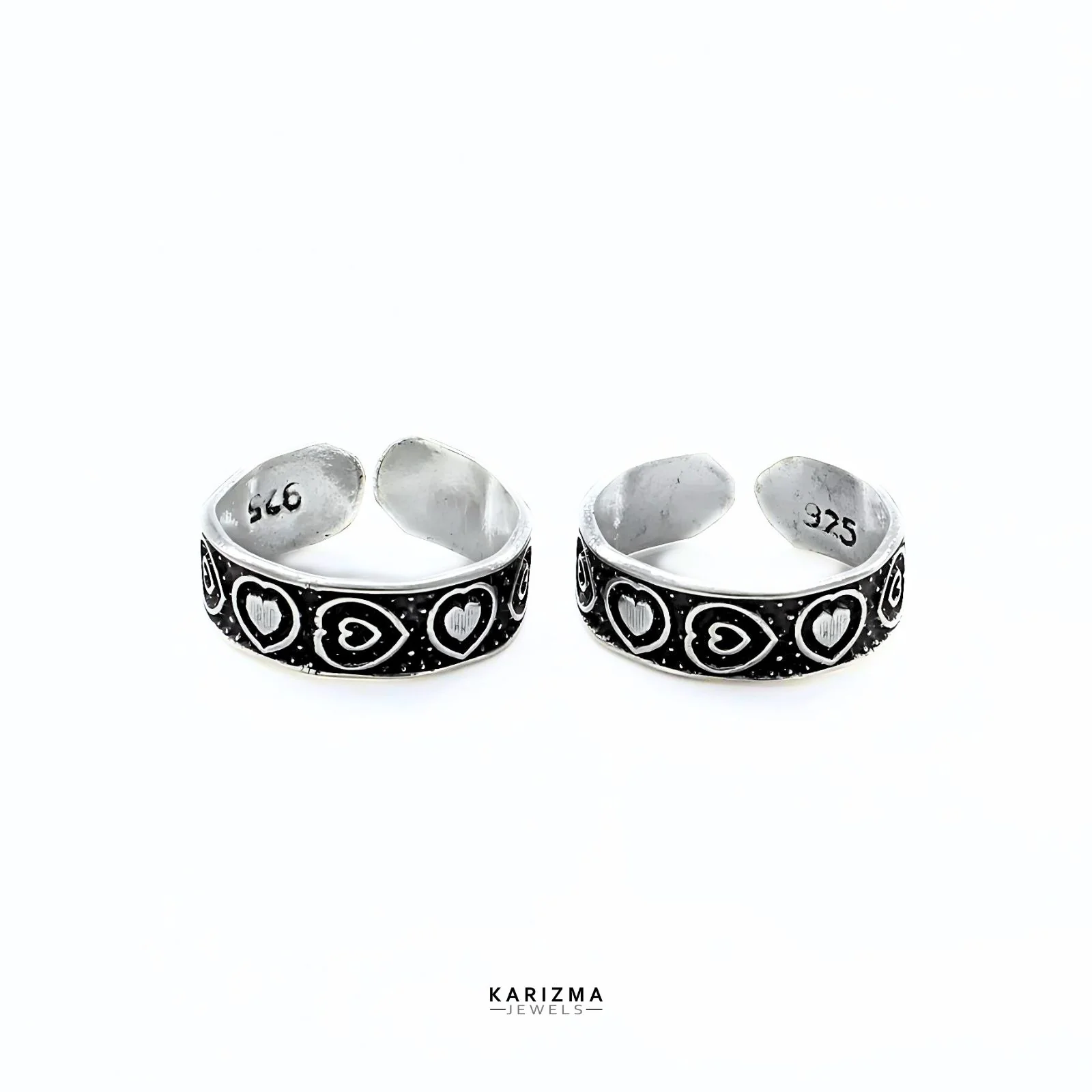 925 Sterling Silver Indian women Oxidized Lovely Heart foot toe rings band - Pair - Image 4