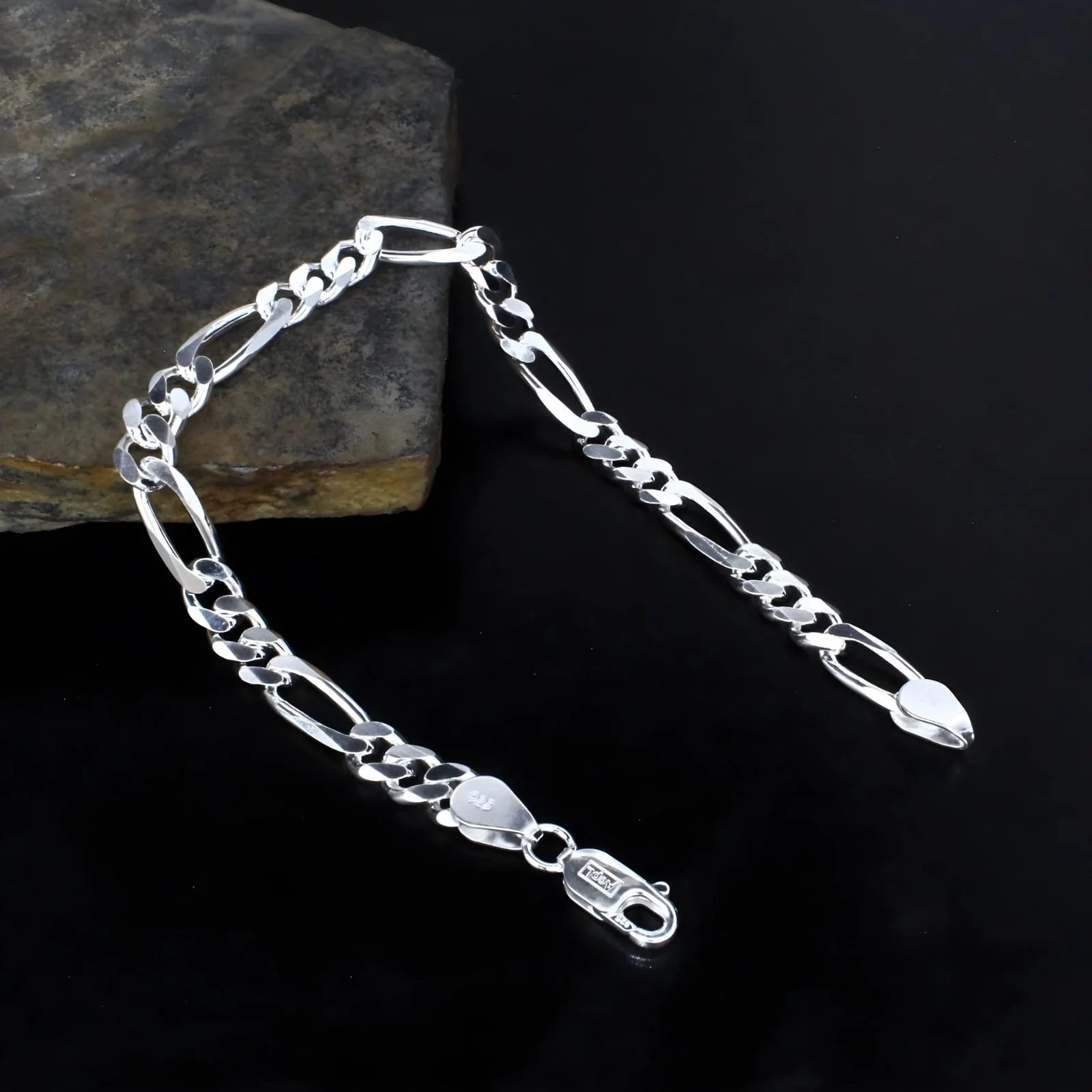 925 Sterling Silver Men's figaro Chain Bracelet 8.5"
