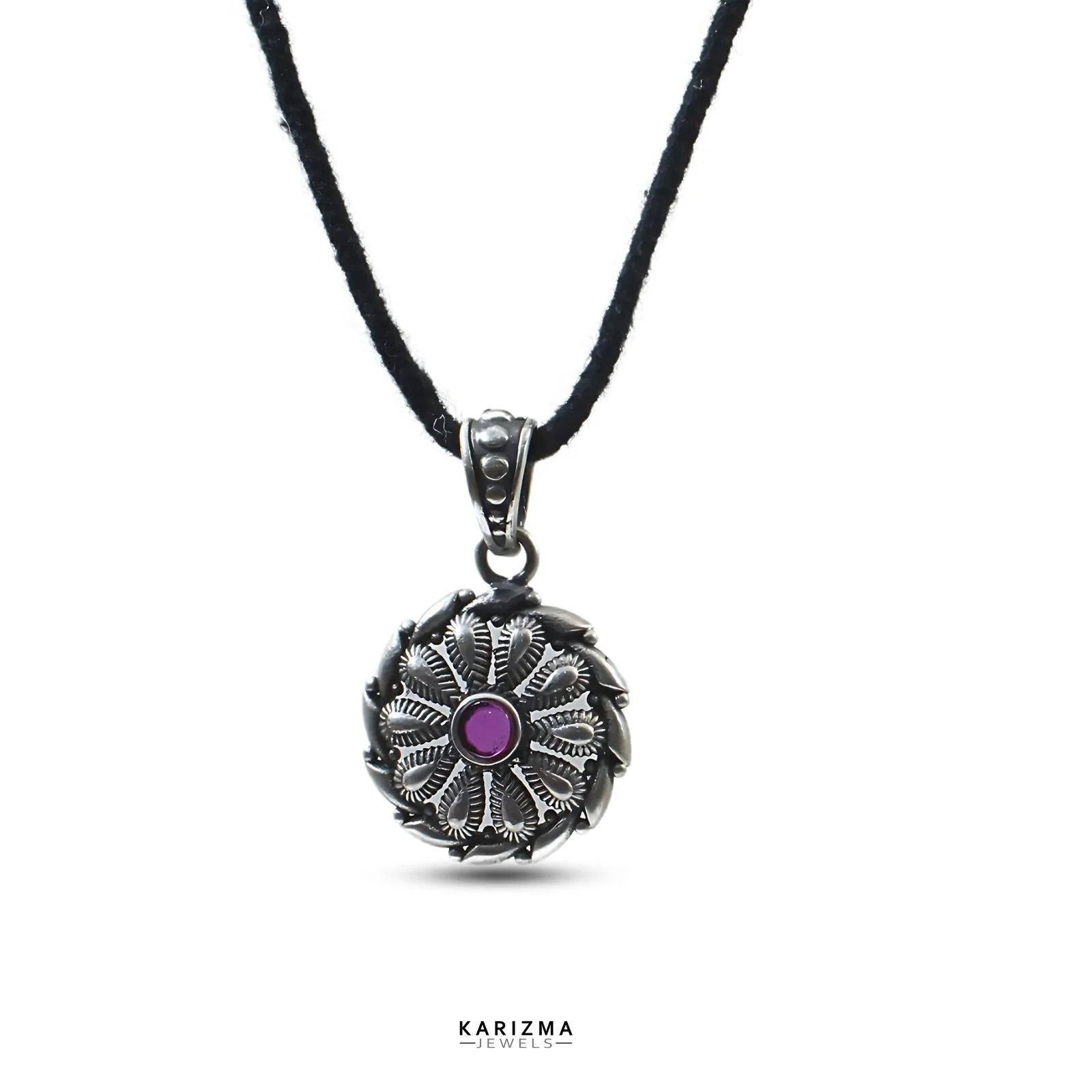 925 Sterling Silver Pink CZ Oxidized Women party wear floral Pendant - Image 3