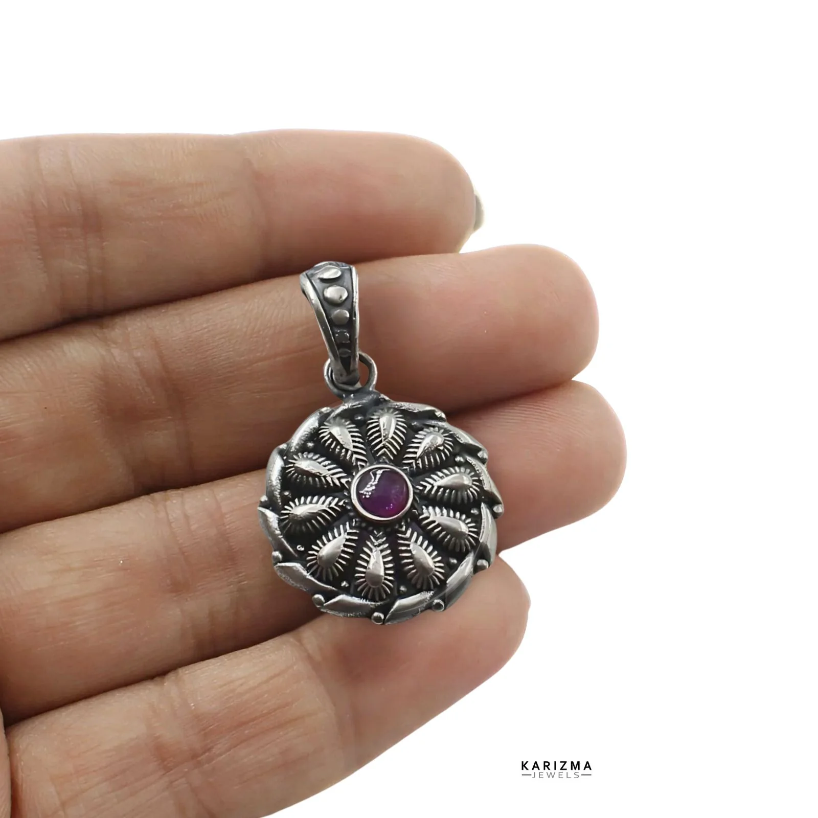 925 Sterling Silver Pink CZ Oxidized Women party wear floral Pendant - Image 4