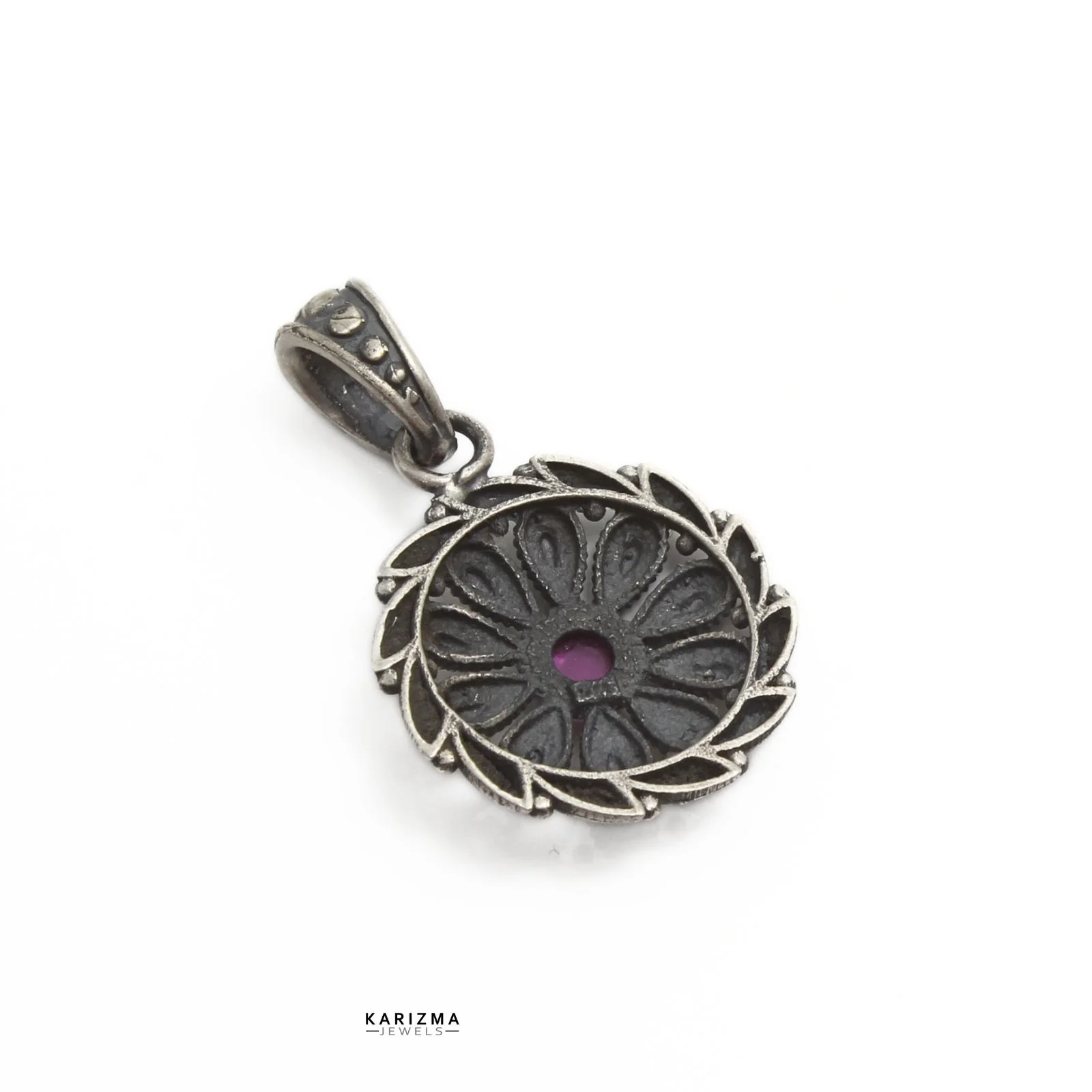 925 Sterling Silver Pink CZ Oxidized Women party wear floral Pendant - Image 5