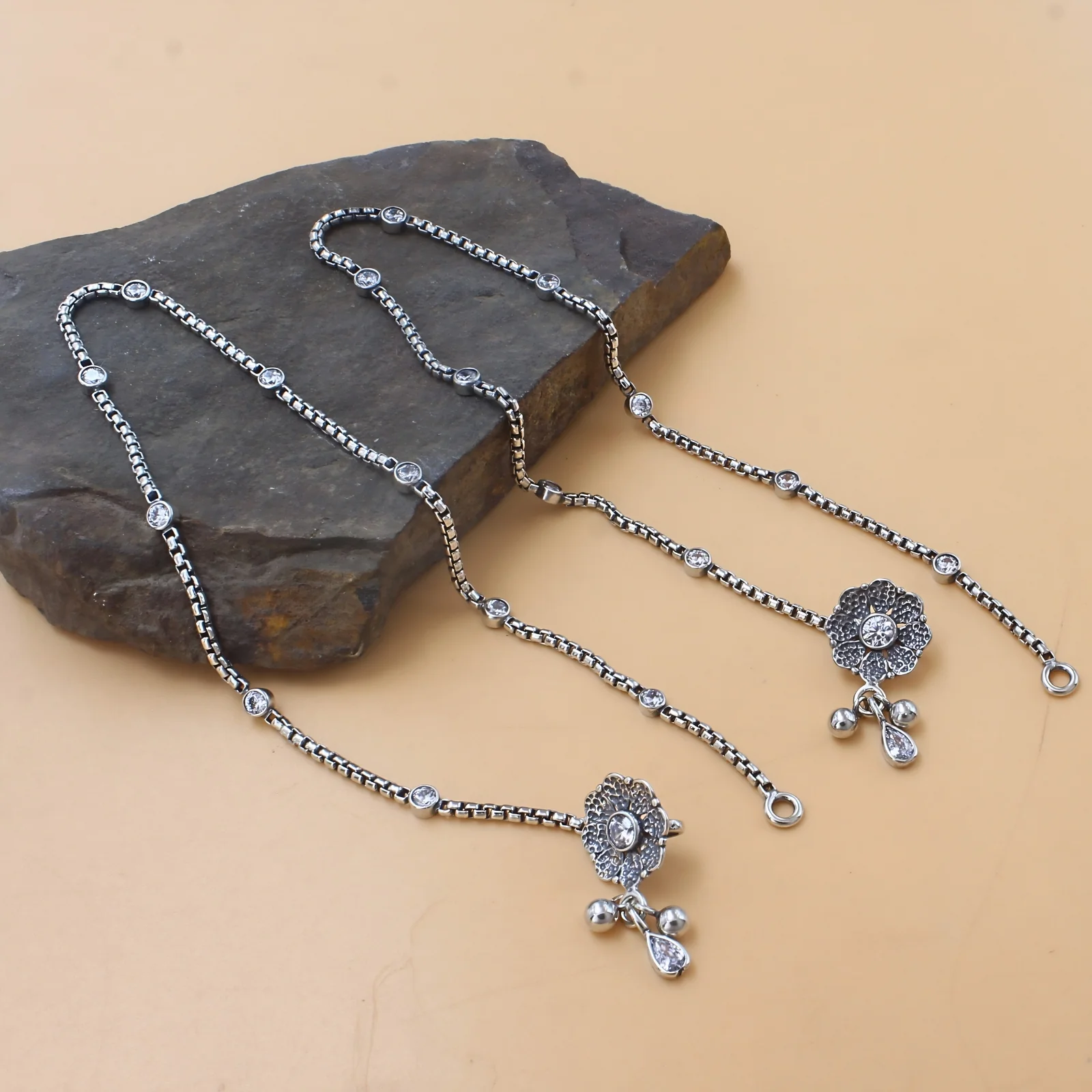 925 Sterling Silver White CZ Oxidised Daily Wear Anklet Pair 10.3"