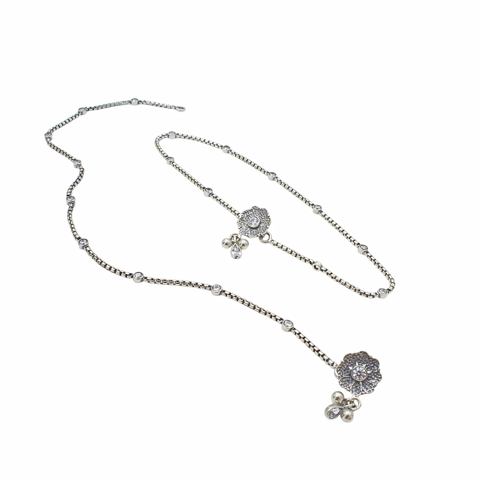 925 Sterling Silver White CZ Oxidised Daily Wear Anklet Pair 10.3" - Image 3