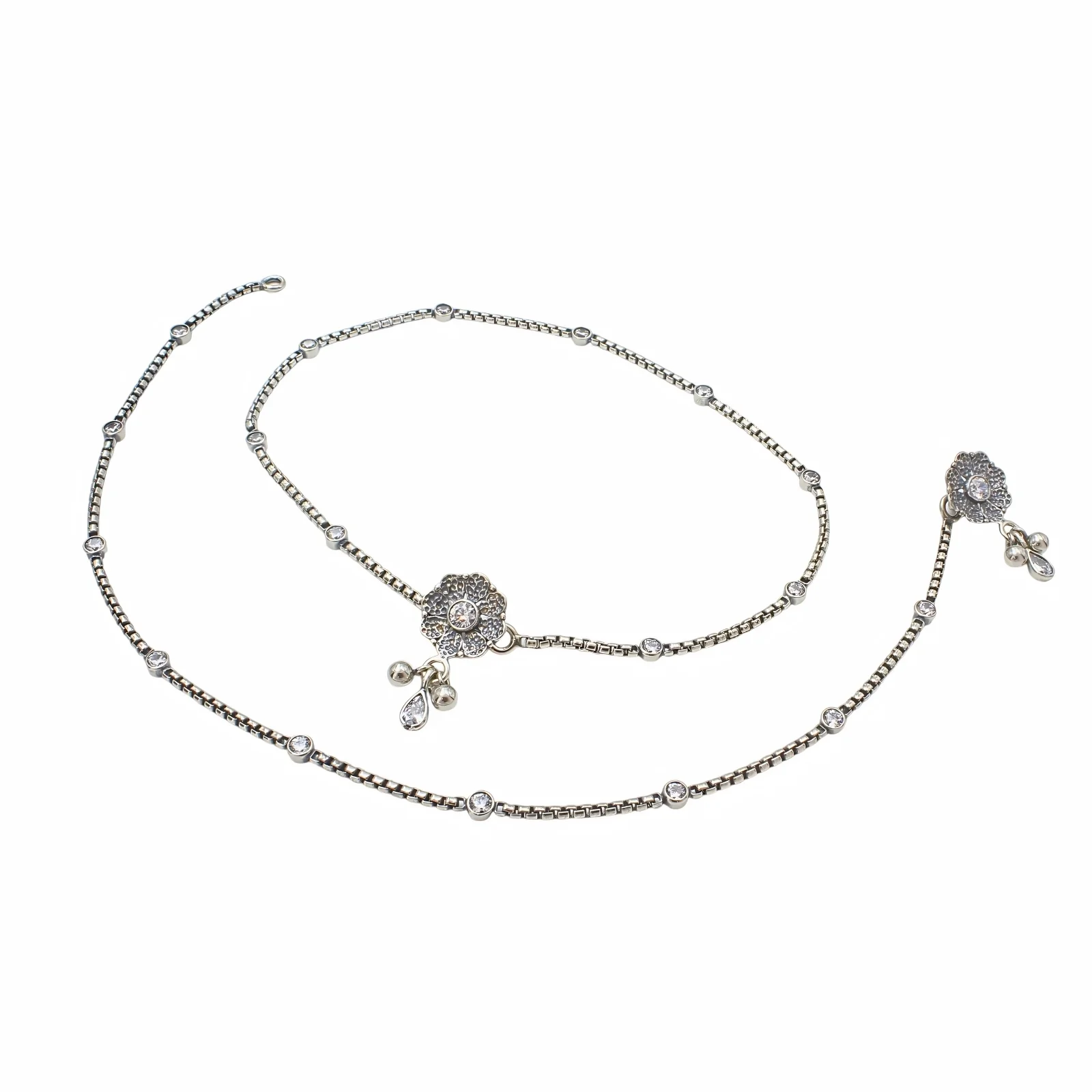 925 Sterling Silver White CZ Oxidised Daily Wear Anklet Pair 10.3" - Image 4