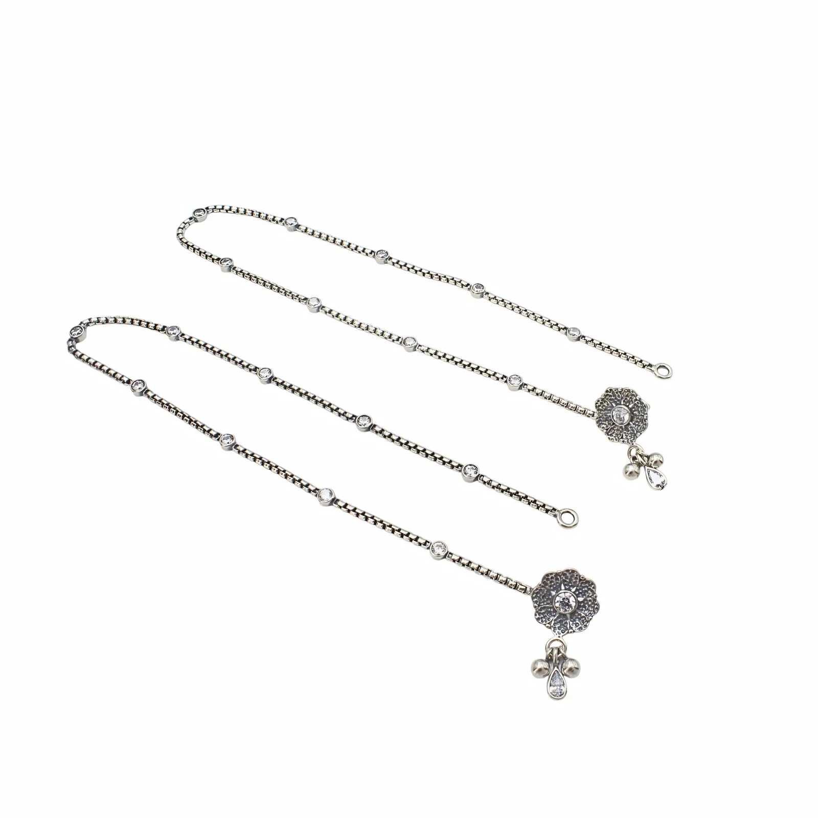 925 Sterling Silver White CZ Oxidised Daily Wear Anklet Pair 10.3" - Image 5
