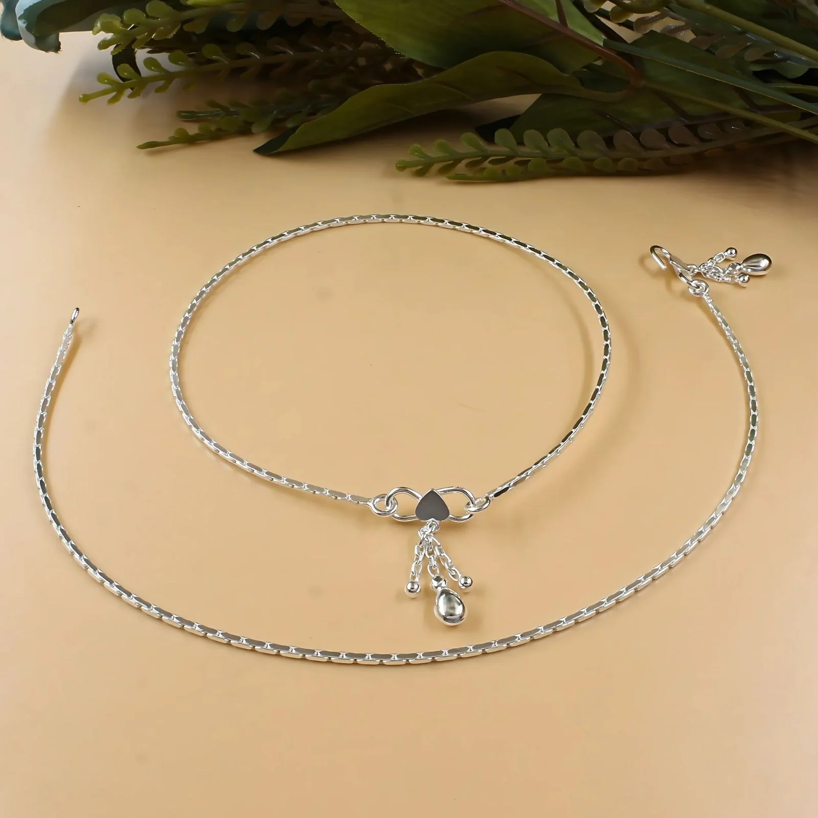 925 Sterling Silver women handmade Chain Anklet Pair 10.3"
