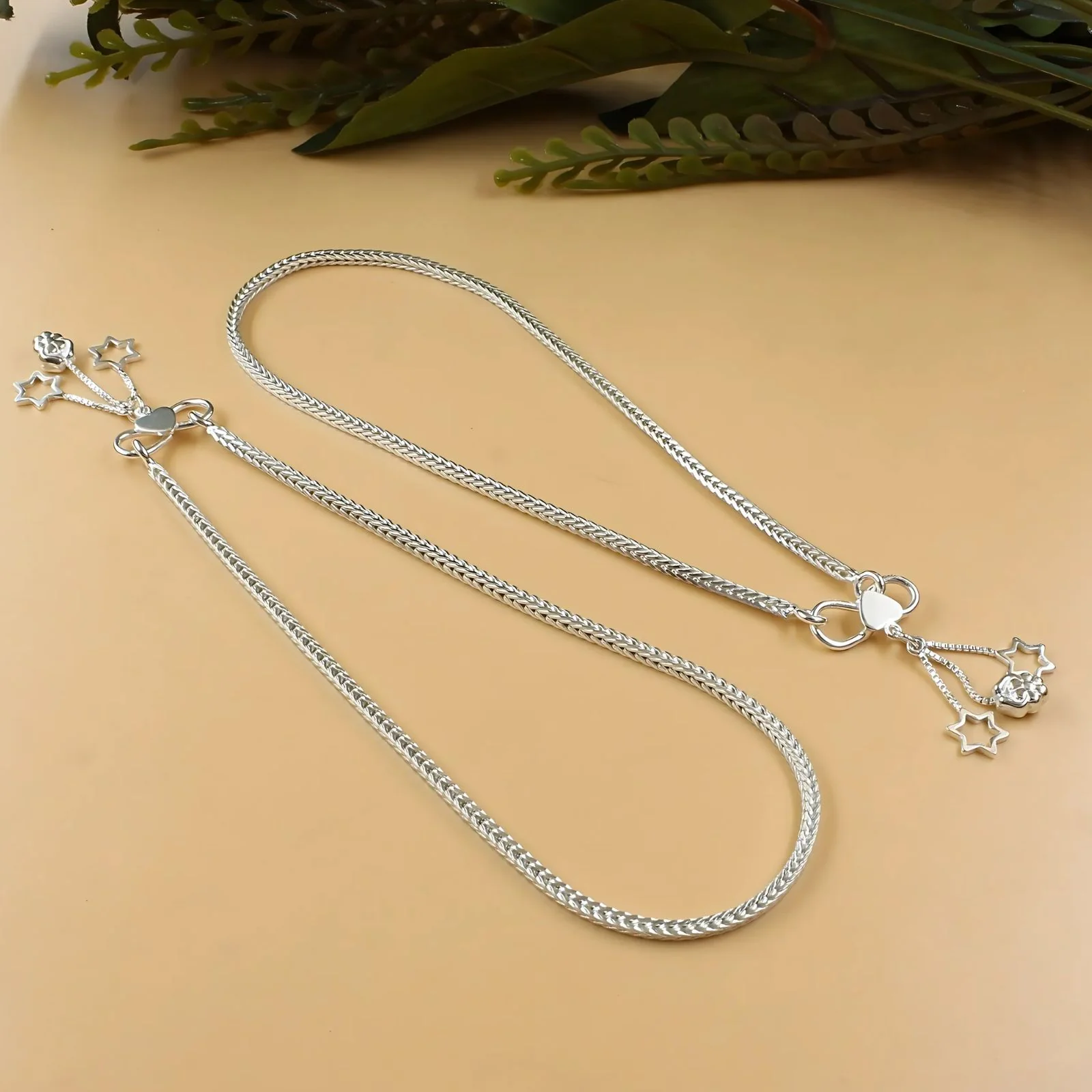 925 Sterling Silver women handmade foxtail Chain Anklet Pair 9.8"