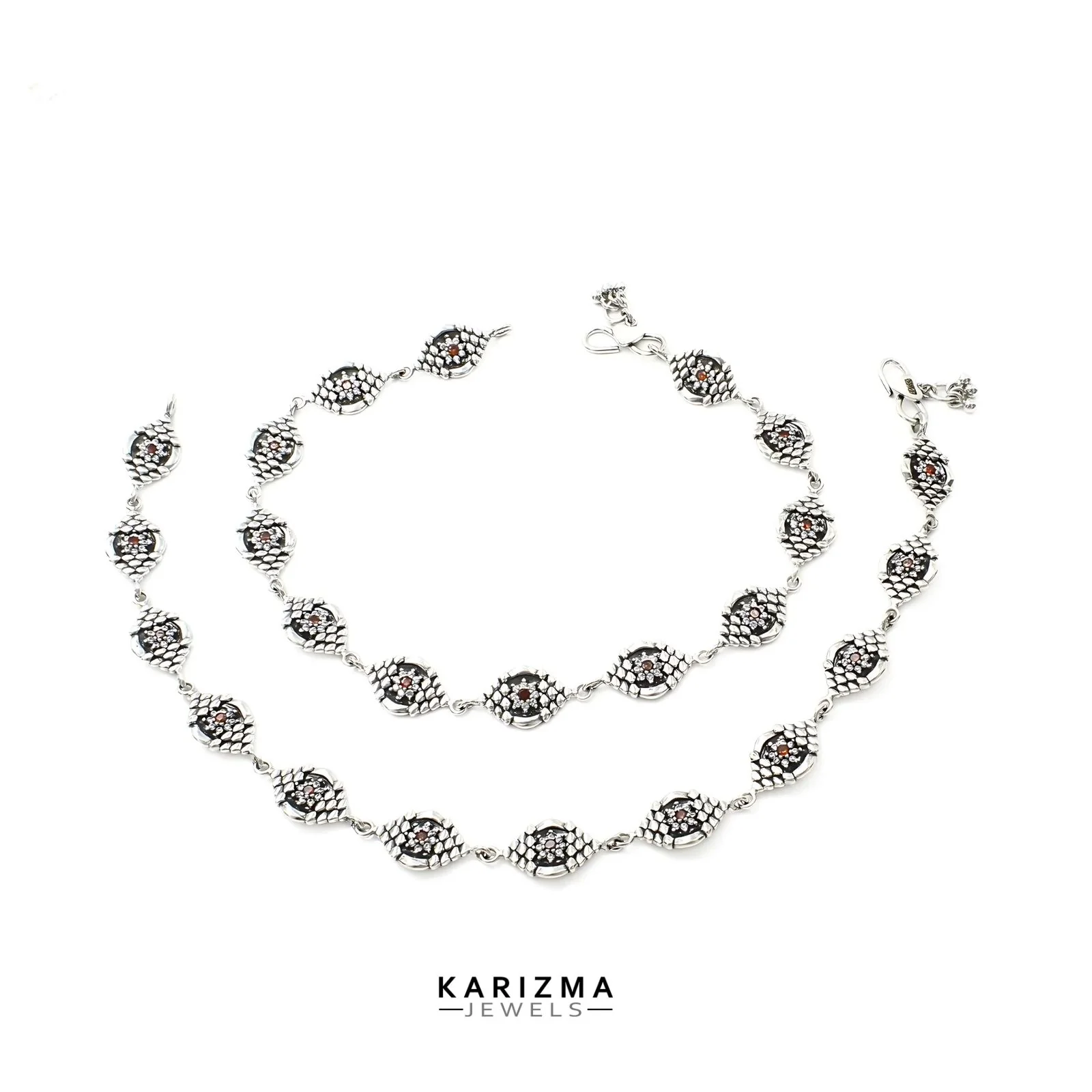 925 Sterling Silver Women Orange White CZ Oxidised beach wear divine Anklets Pair 10.2" - Image 4