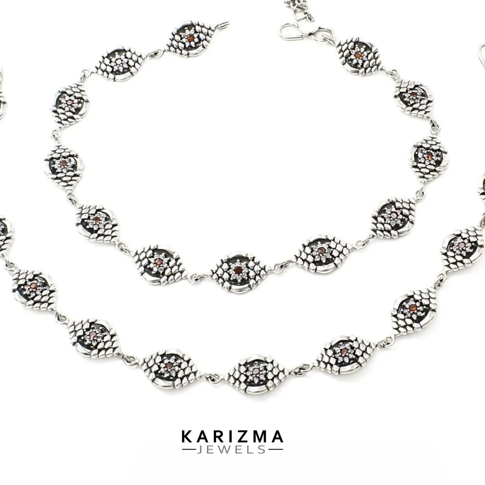 925 Sterling Silver Women Orange White CZ Oxidised beach wear divine Anklets Pair 10.2" - Image 5