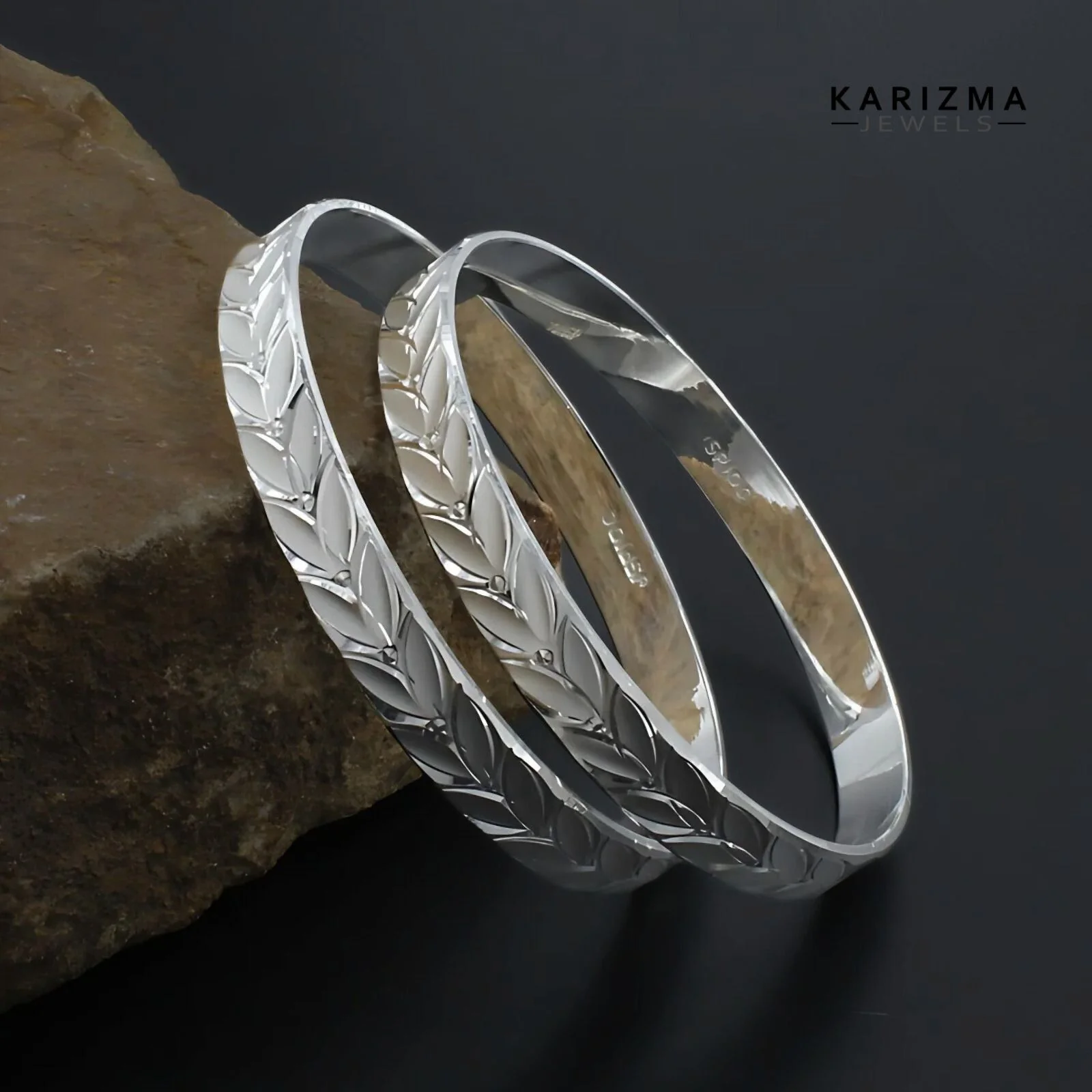 990 Real Sterling Silver Women Leaf design party wear Bangles Bracelet (Kangan) Pair - 6.3 CM