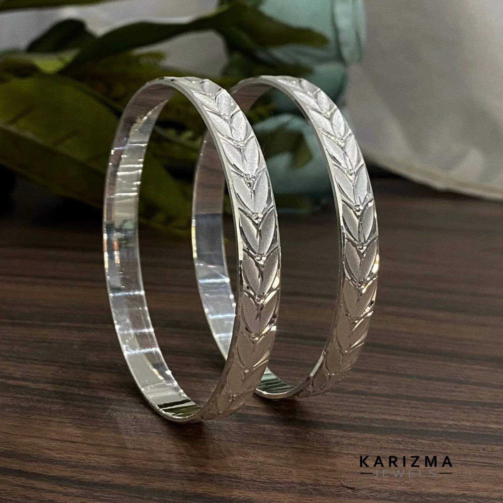 990 Real Sterling Silver Women Leaf design party wear Bangles Bracelet (Kangan) Pair - 6.3 CM - Image 2