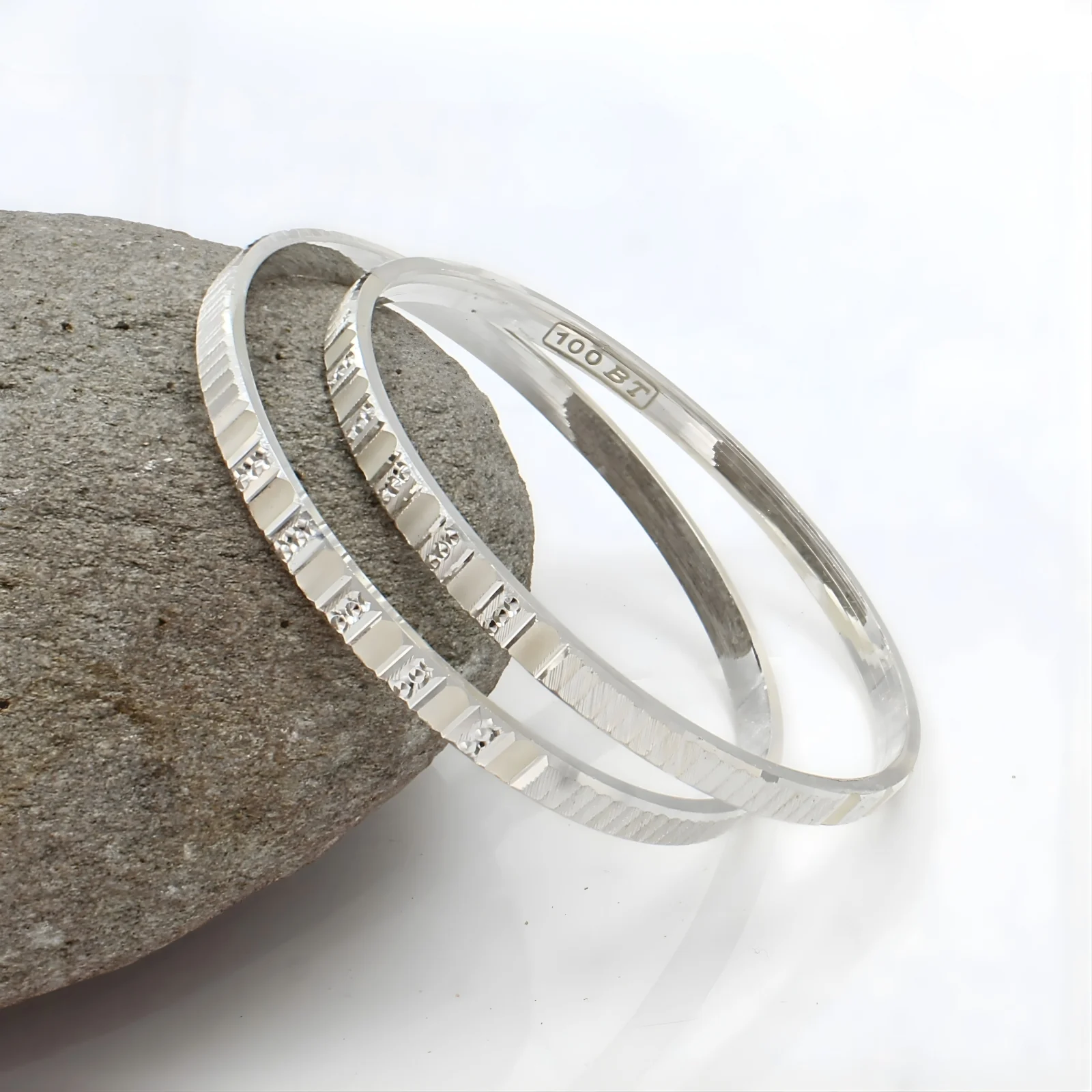 999 Pure Silver women Textured Surface Bangles Bracelet (Kangan) Pair - 6.4 CM