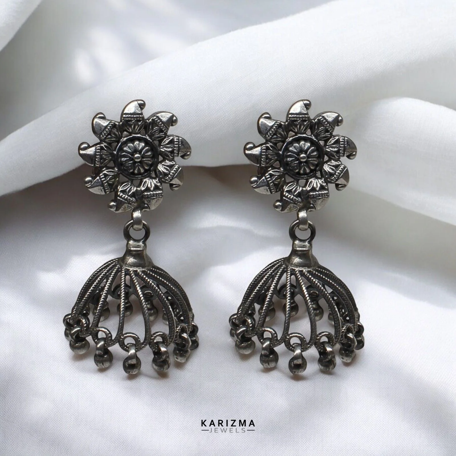 Antique Style 925 Sterling Silver Oxidized women Jhumka Earrings