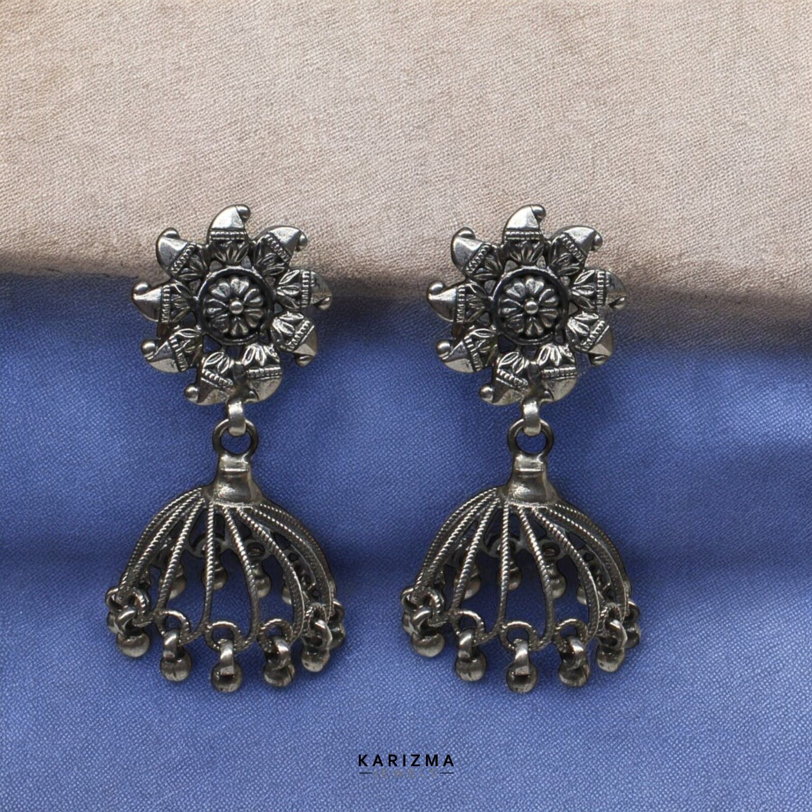 Antique Style 925 Sterling Silver Oxidized women Jhumka Earrings - Image 2