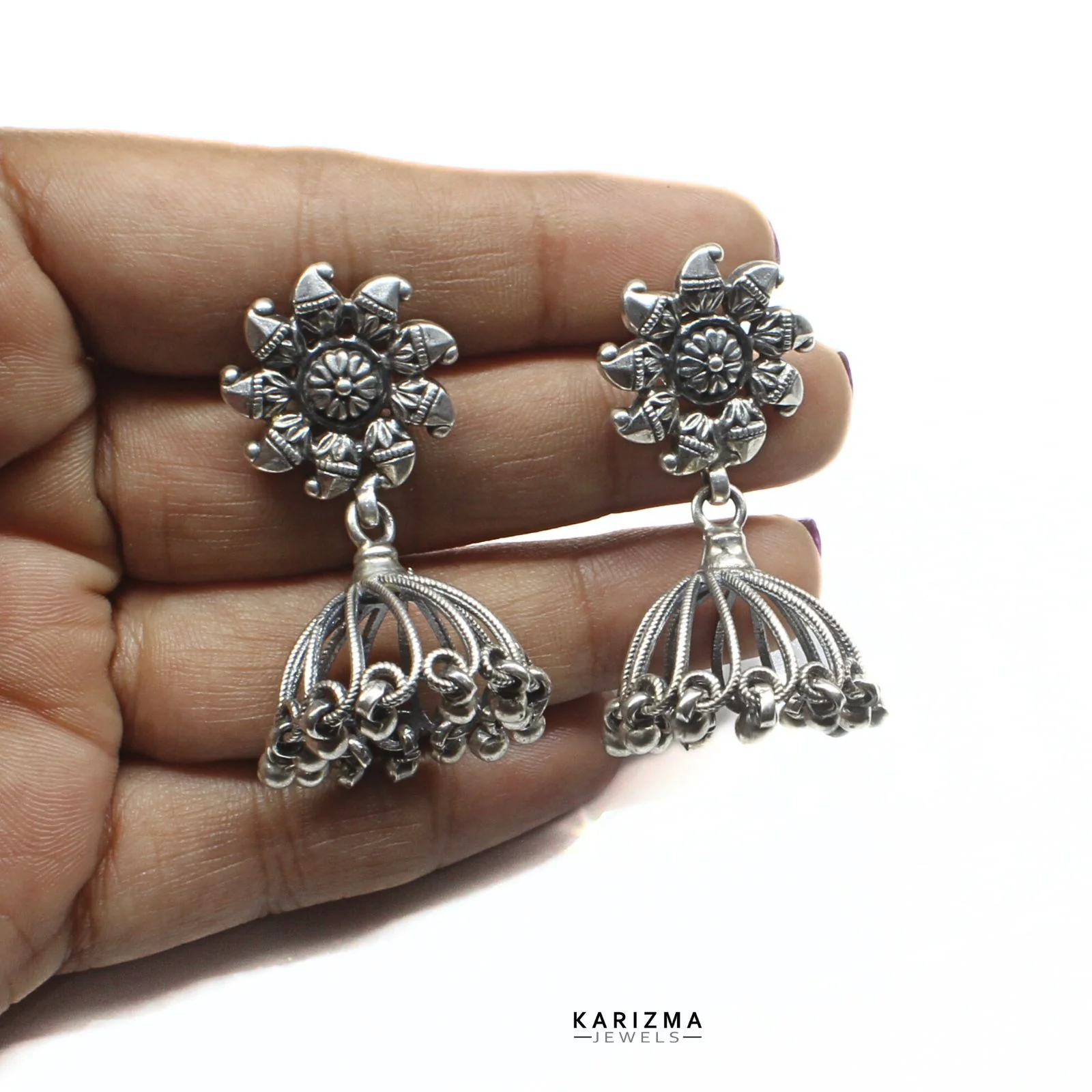 Antique Style 925 Sterling Silver Oxidized women Jhumka Earrings - Image 3