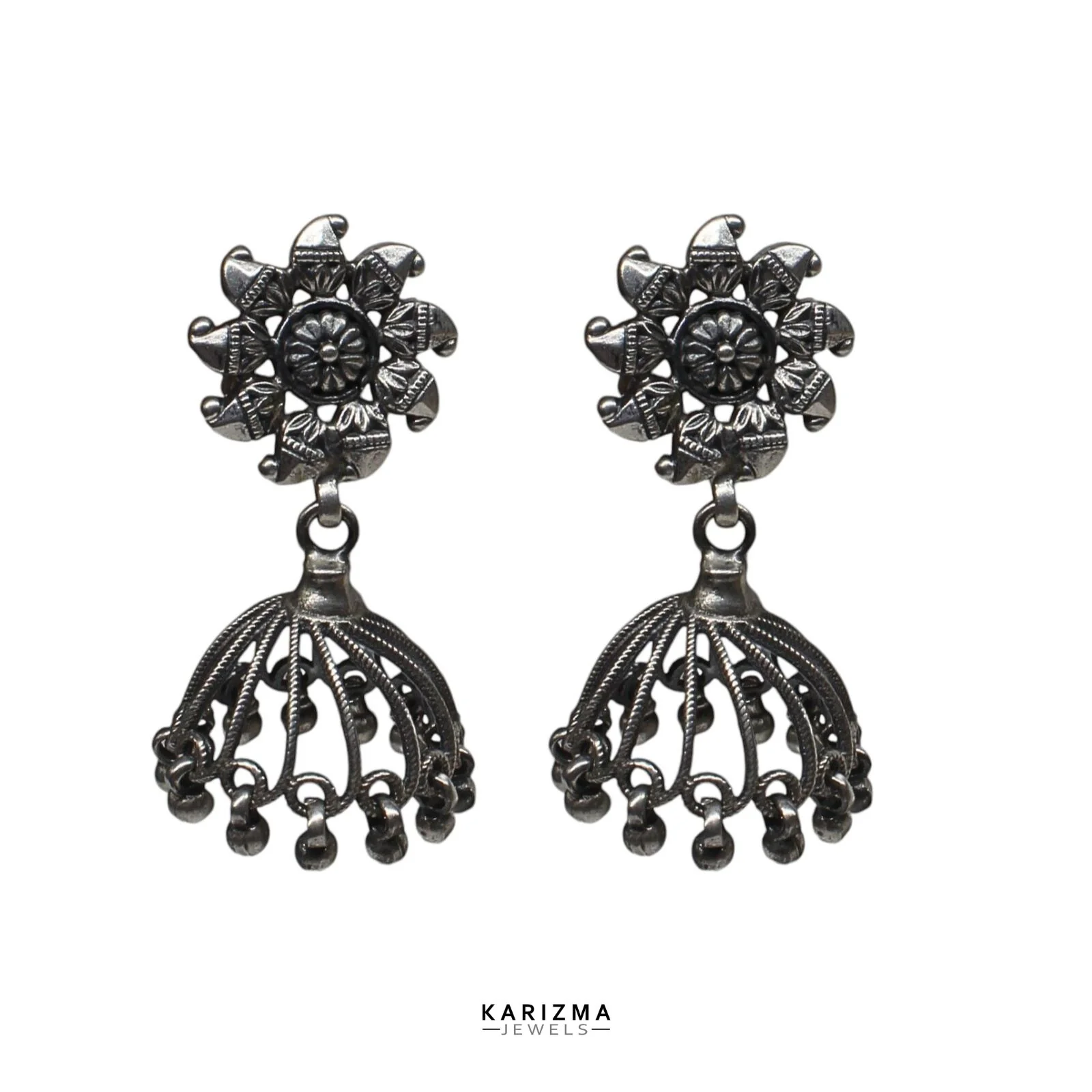 Antique Style 925 Sterling Silver Oxidized women Jhumka Earrings - Image 4
