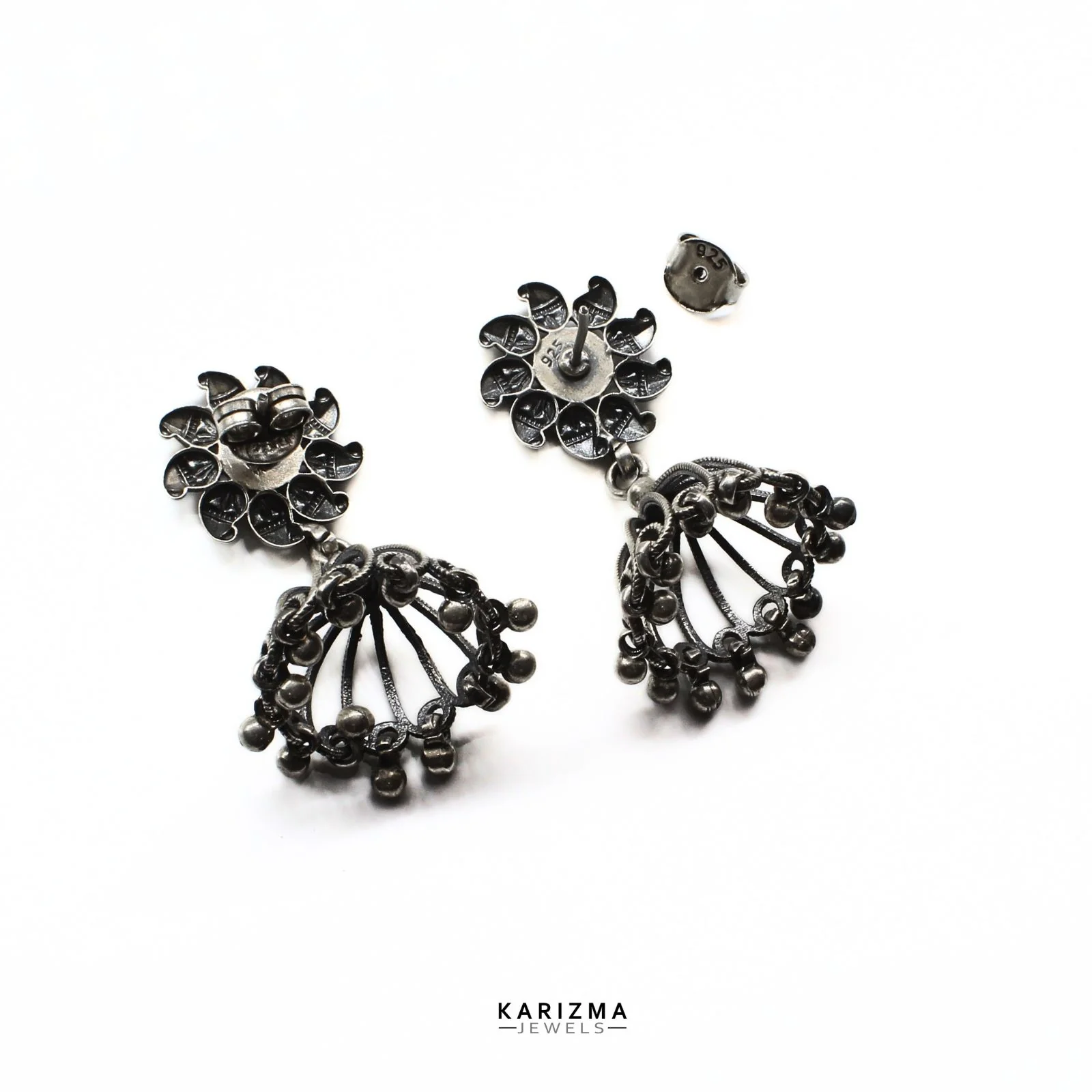 Antique Style 925 Sterling Silver Oxidized women Jhumka Earrings - Image 5