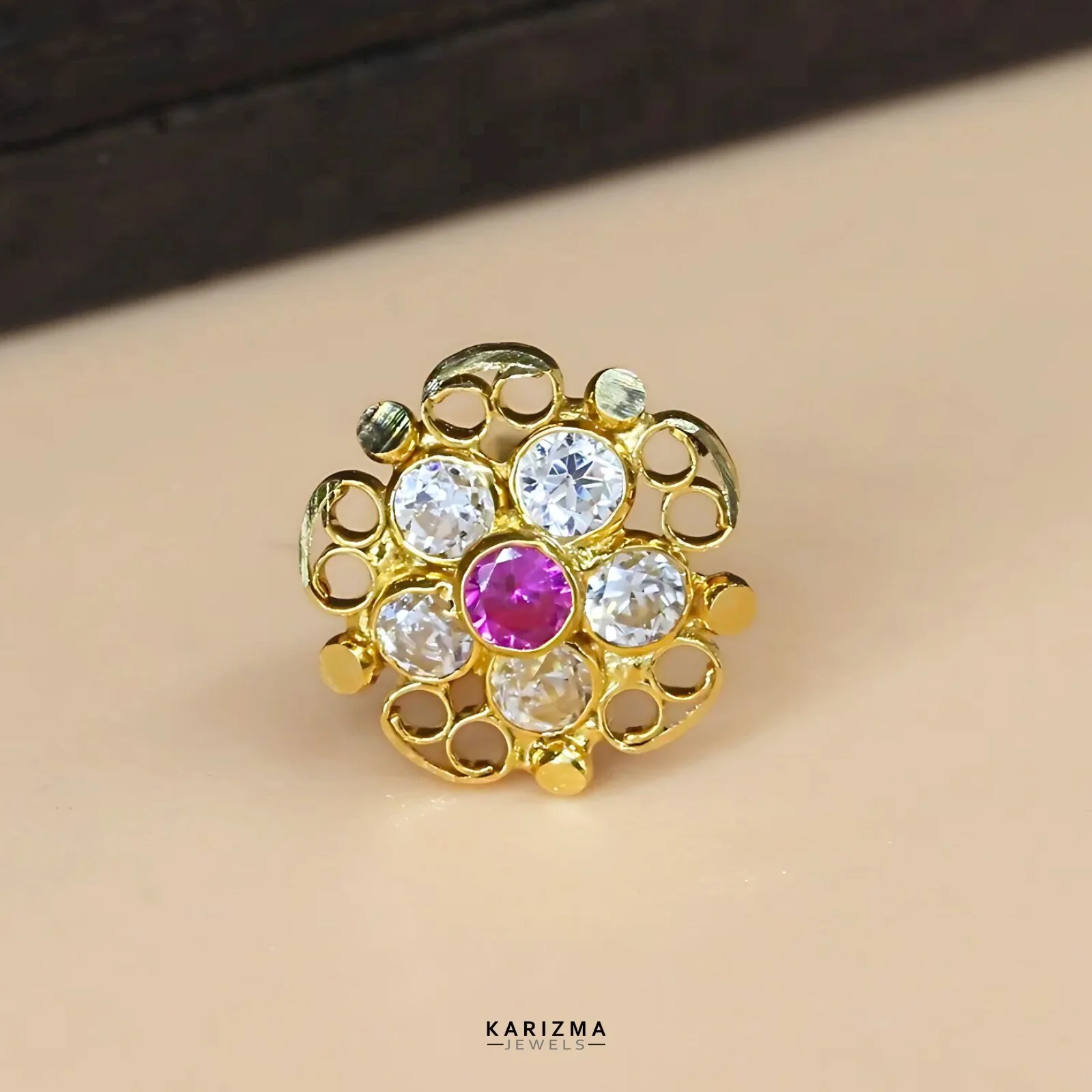 Asian style Excellent 18K Real Gold Indian Women Pink White CZ Nose stud nose ring Push Pin