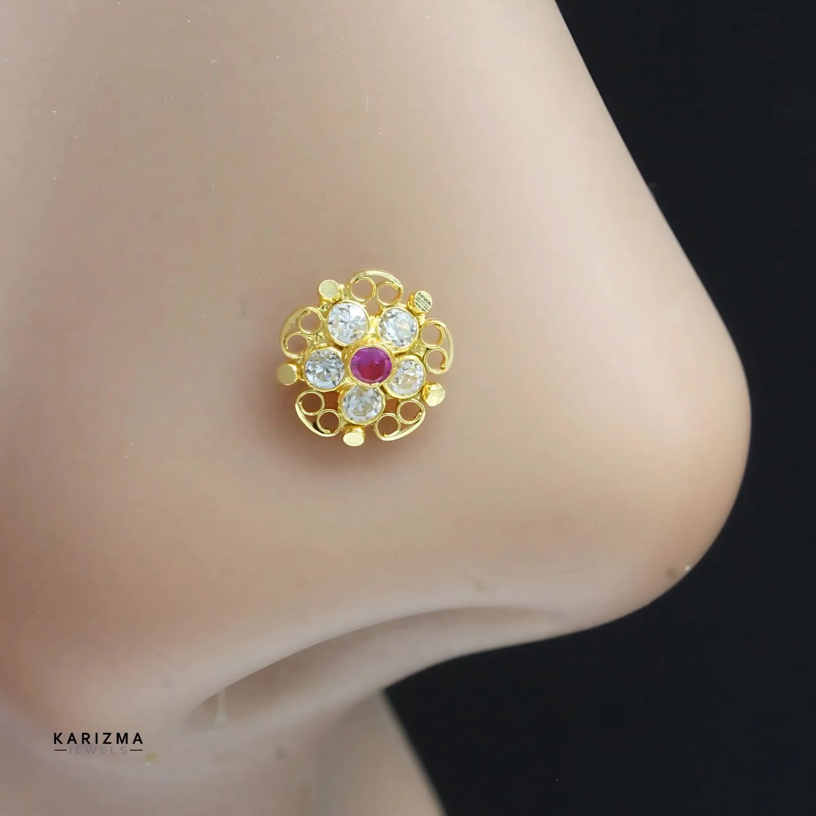 Asian style Excellent 18K Real Gold Indian Women Pink White CZ Nose stud nose ring Push Pin - Image 2