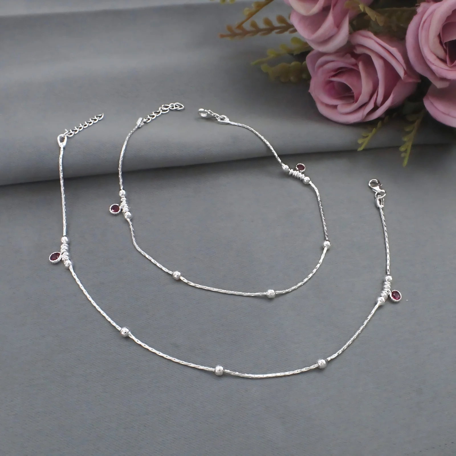 Beach Wear Real Silver Silver Ball Design Anklet - Pair