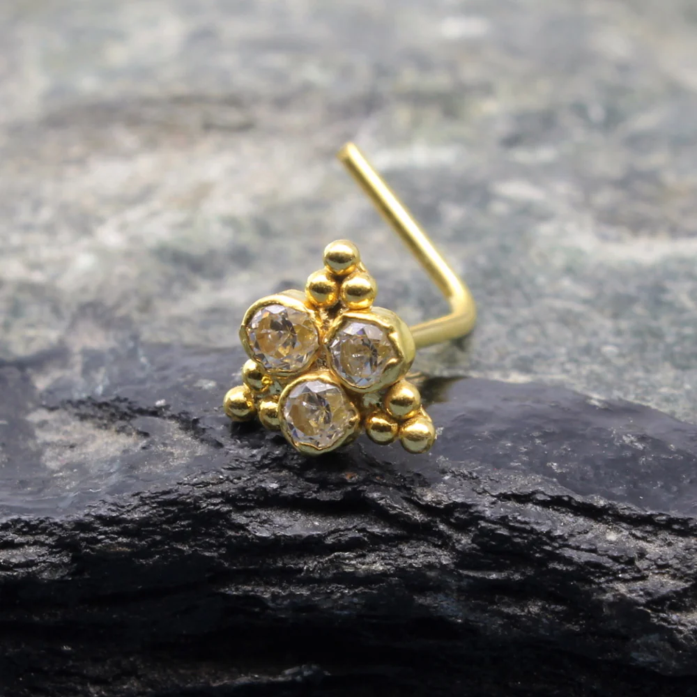 Beautiful Real Gold 14K White CZ Indian nose ring L Bend 22g - Image 2
