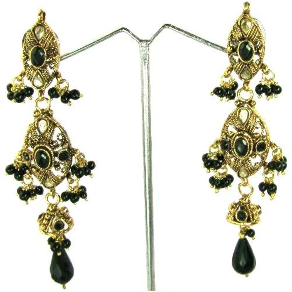 Black Beauty Gold Plated Fashion Jewelry Polki Work Dangle Long Earrings