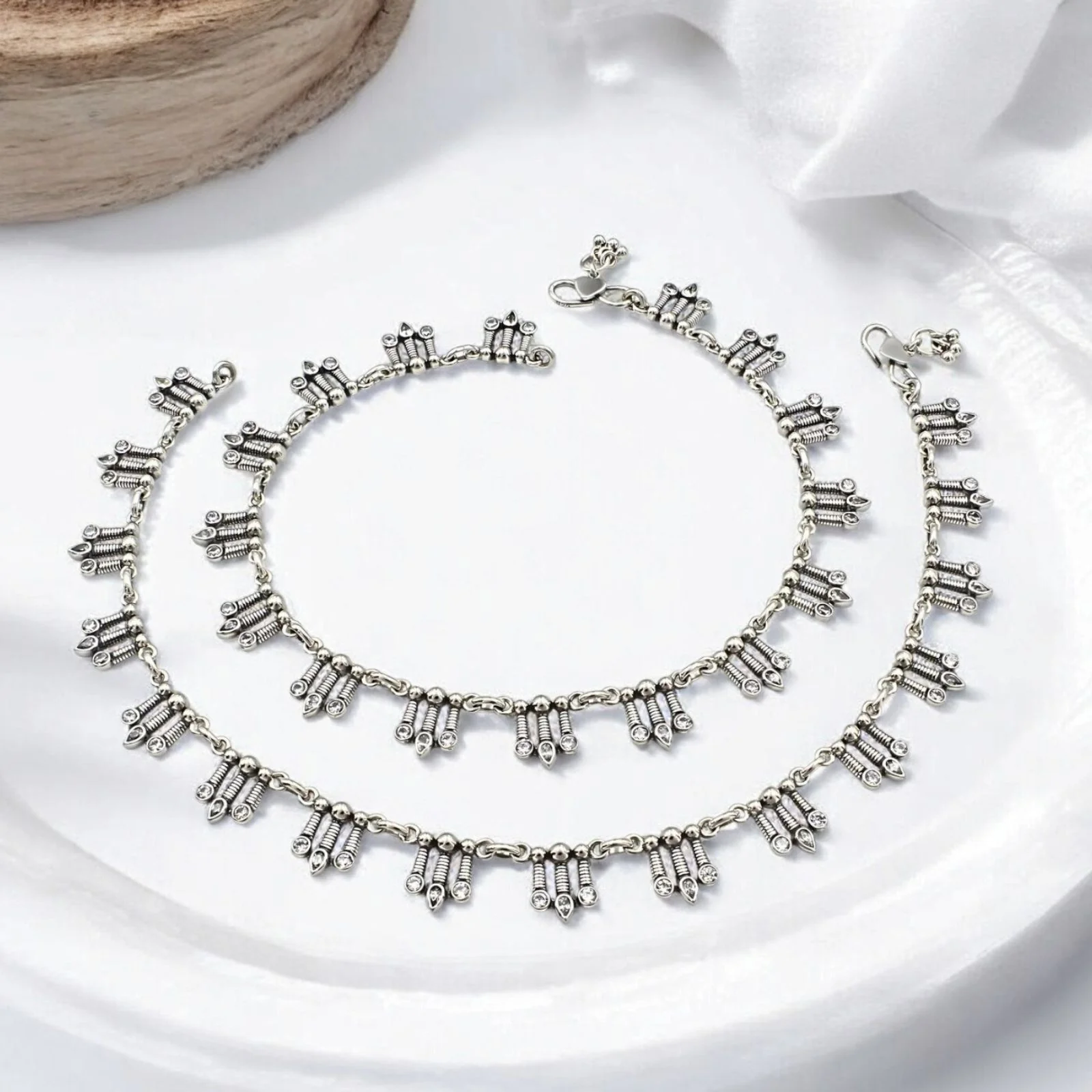 Boho look 925 Sterling Silver White CZ Oxidised Anklet Pair 10.5"