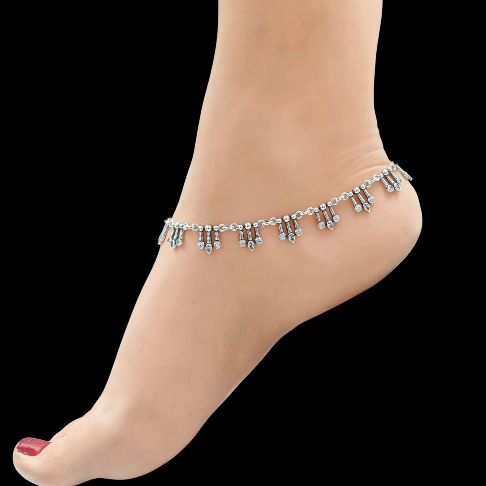 Boho look 925 Sterling Silver White CZ Oxidised Anklet Pair 10.5" - Image 2