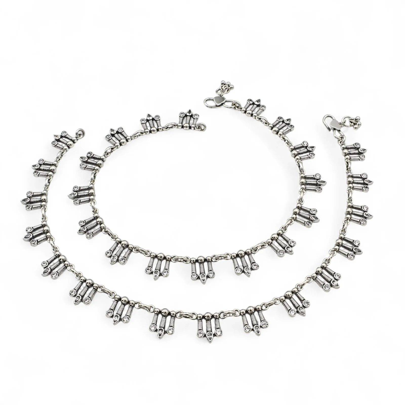 Boho look 925 Sterling Silver White CZ Oxidised Anklet Pair 10.5" - Image 3