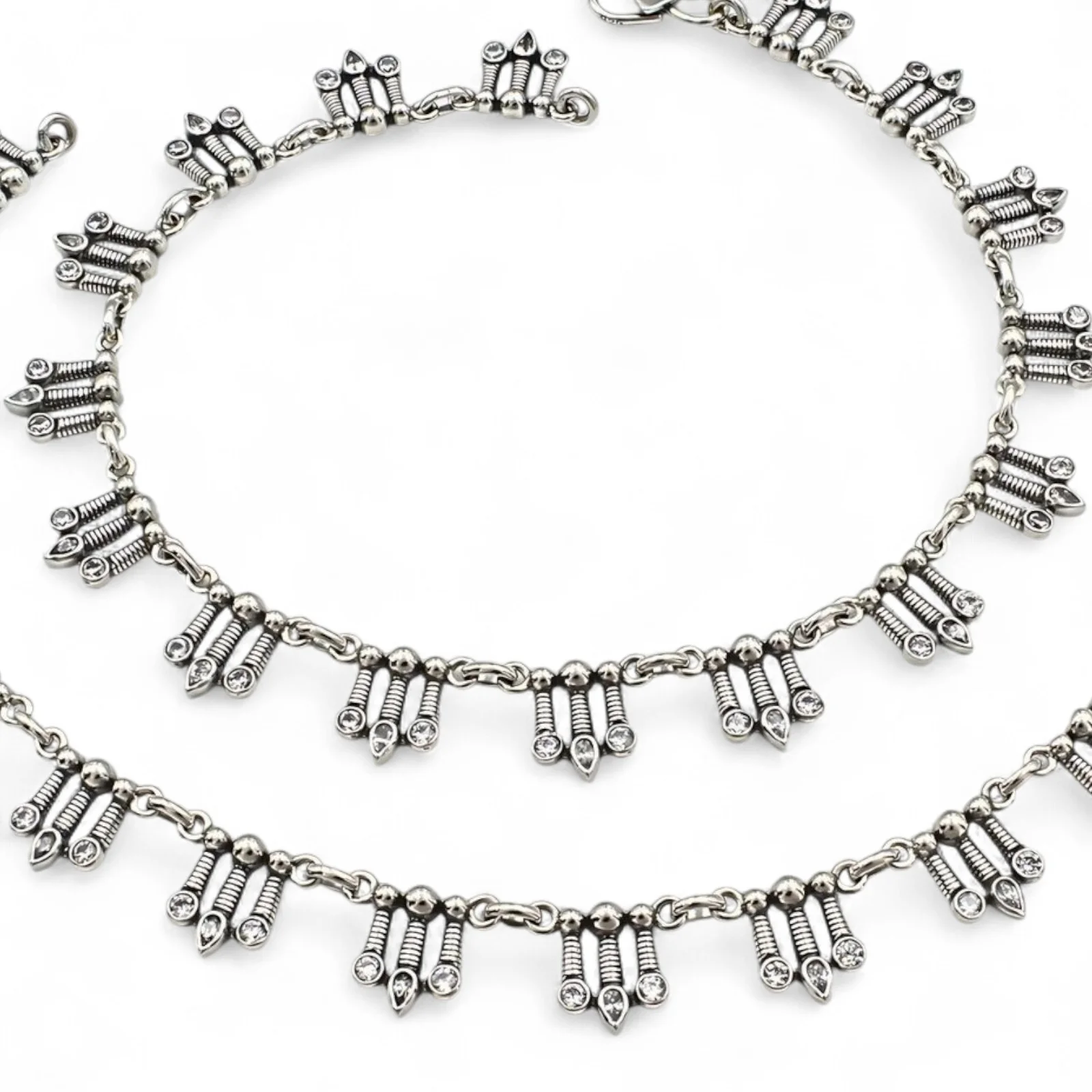 Boho look 925 Sterling Silver White CZ Oxidised Anklet Pair 10.5" - Image 4