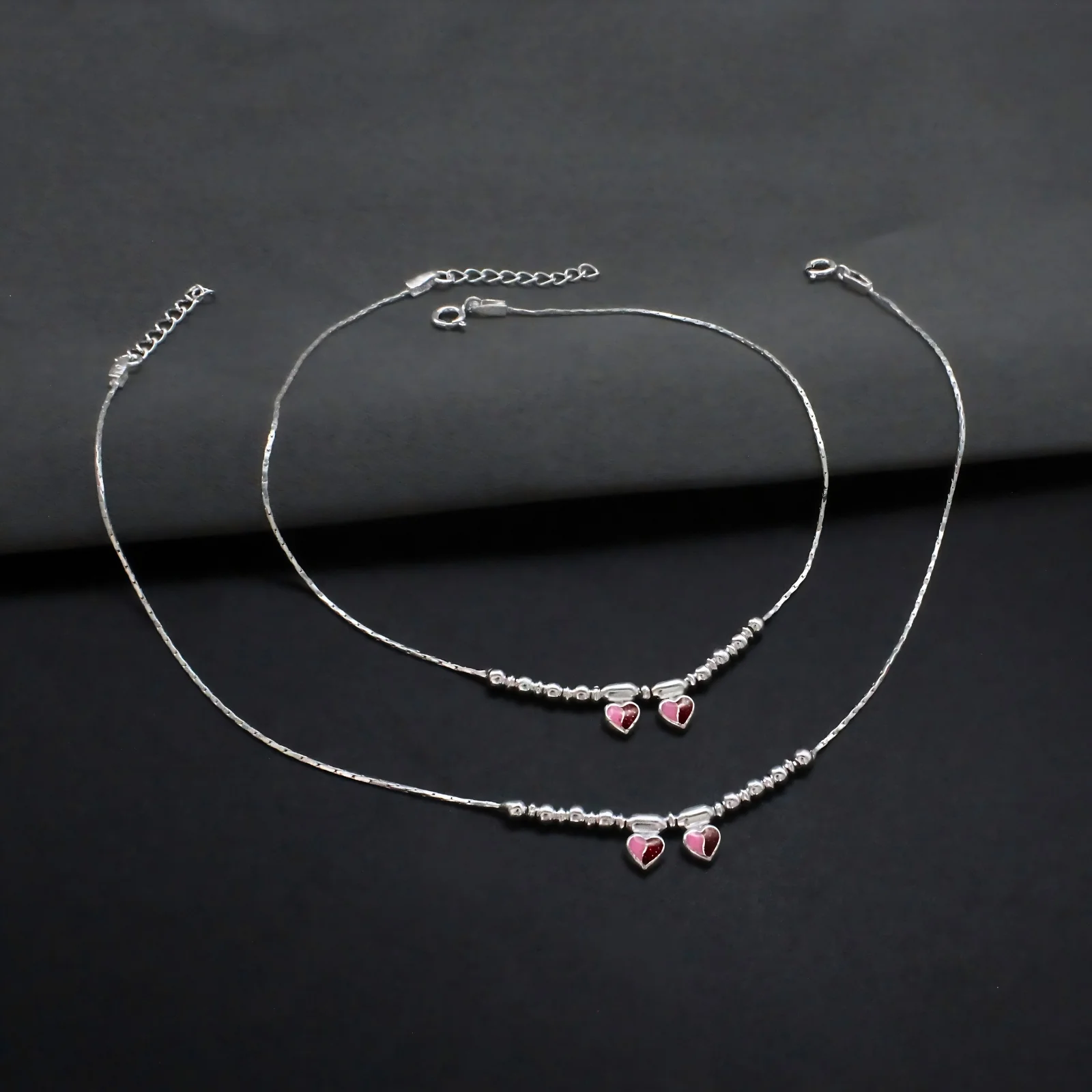 Boho Look Real Sterling Silver Heart Charm Anklet 10.3 in