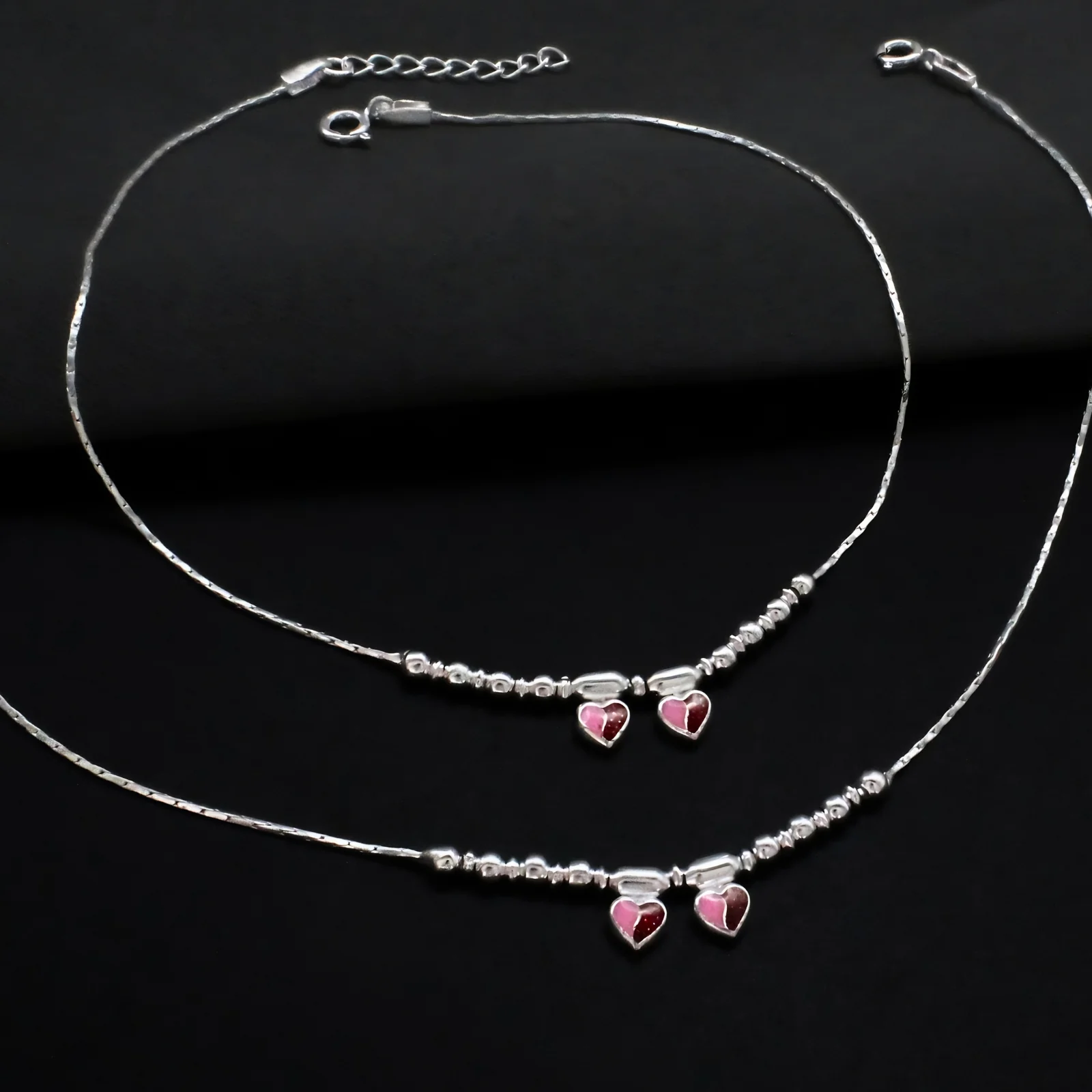 Boho Look Real Sterling Silver Heart Charm Anklet 10.3 in - Image 3