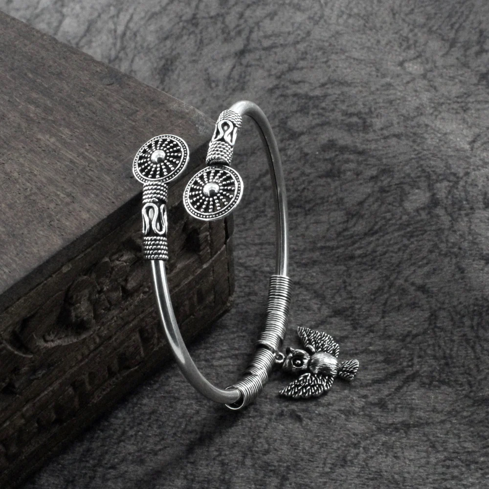Boho Owl Style Real Silver Oxidized women's Bracelet Bangle - Single