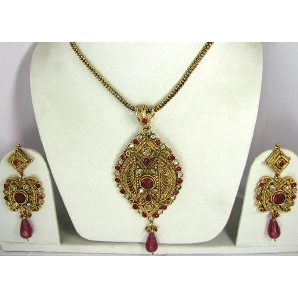 Bollywood Fashion Red Polki Pendant Earrings Chain Gold plated Jewelry Set