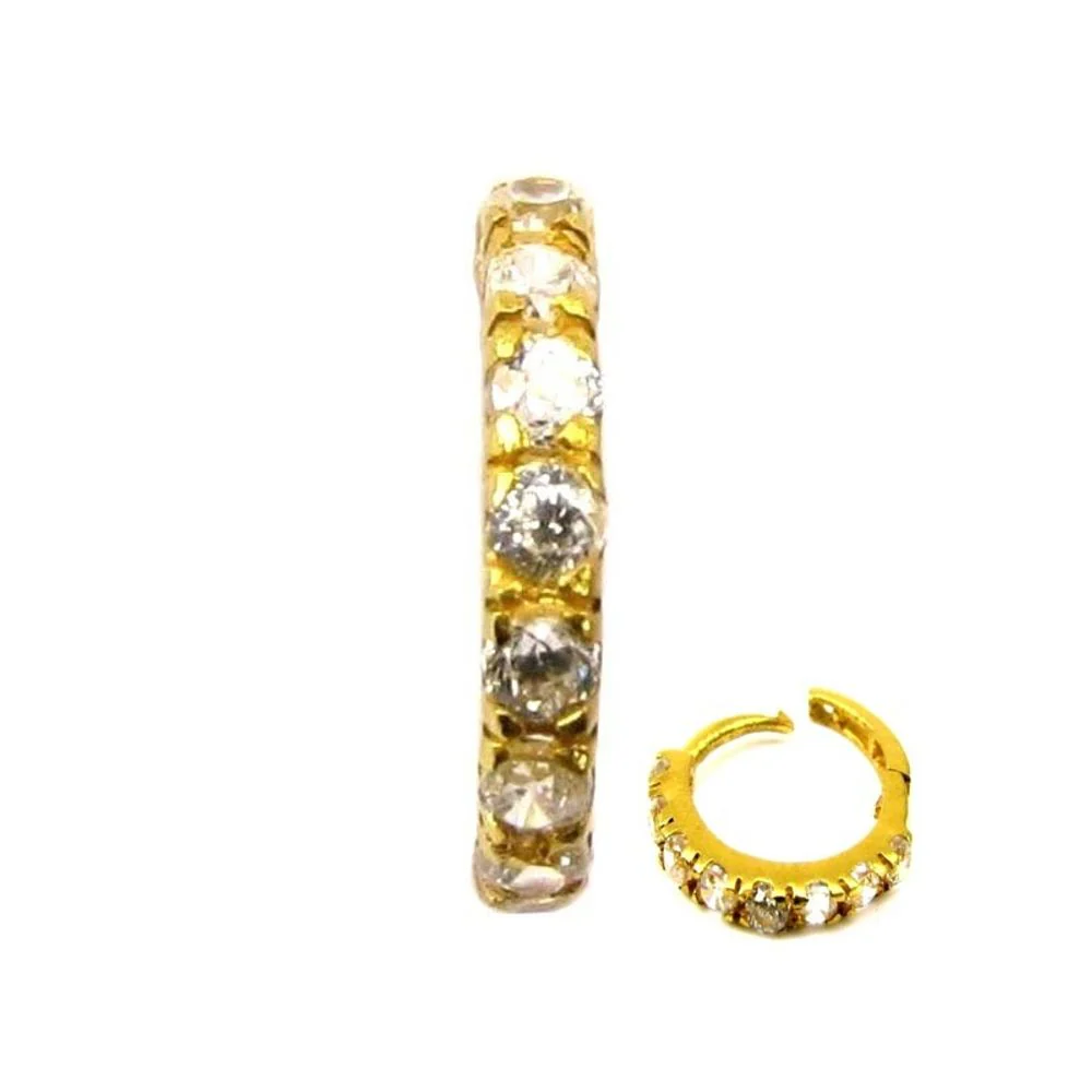 Indian White CZ Studded Hinged Hoop Ring Nose stud 14k Solid Real Gold Jewelry 22g - Large
