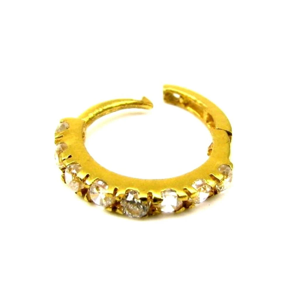 Indian White CZ Studded Hinged Hoop Ring Nose stud 14k Solid Real Gold Jewelry 22g - Large - Image 3