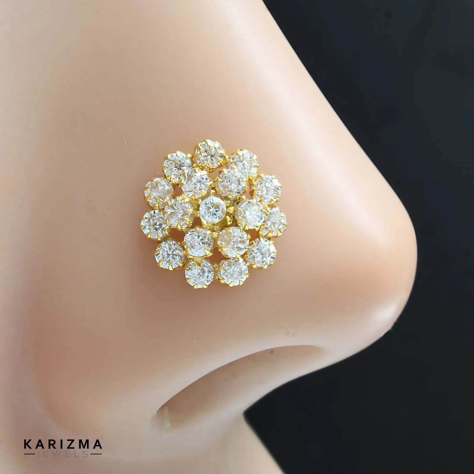 Bridal style 14K Real Gold Women White CZ Nose stud nose ring Push Pin - Image 2
