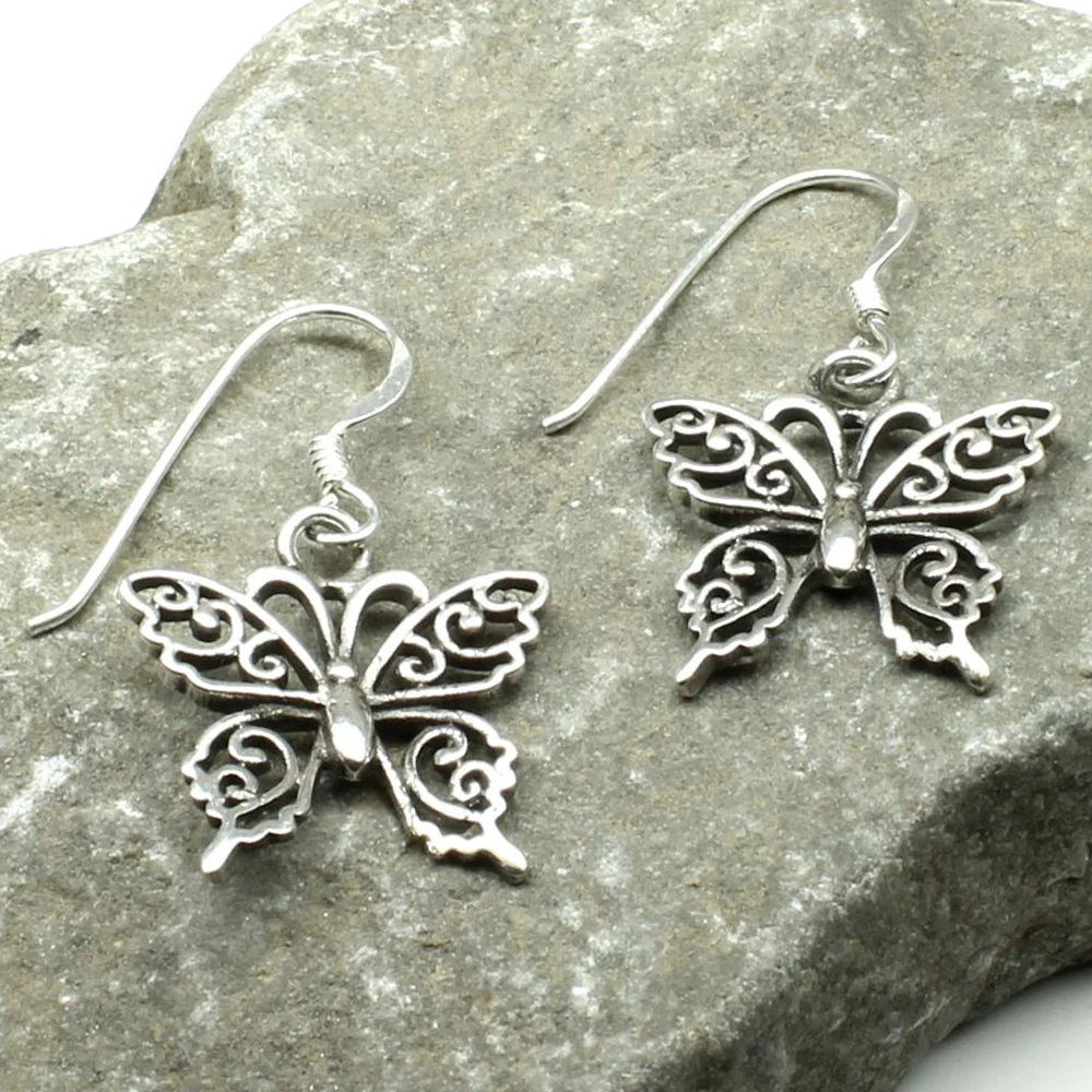 Butterfly Oxidized dangle 925 Sterling Silver fish hook Earrings - Image 2