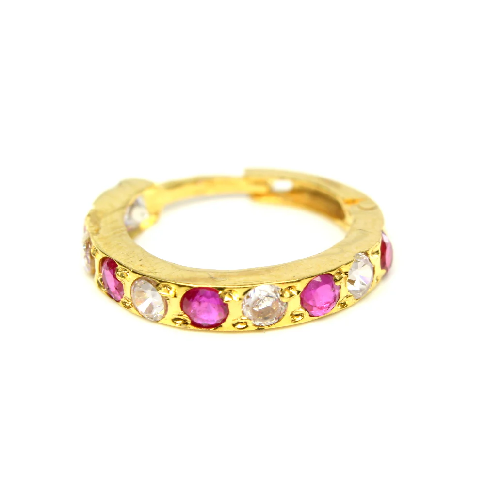 Cute 14k Yellow Gold Pink White CZ Indian Style Women Nose Hinged Hoop Ring 20g - Image 3