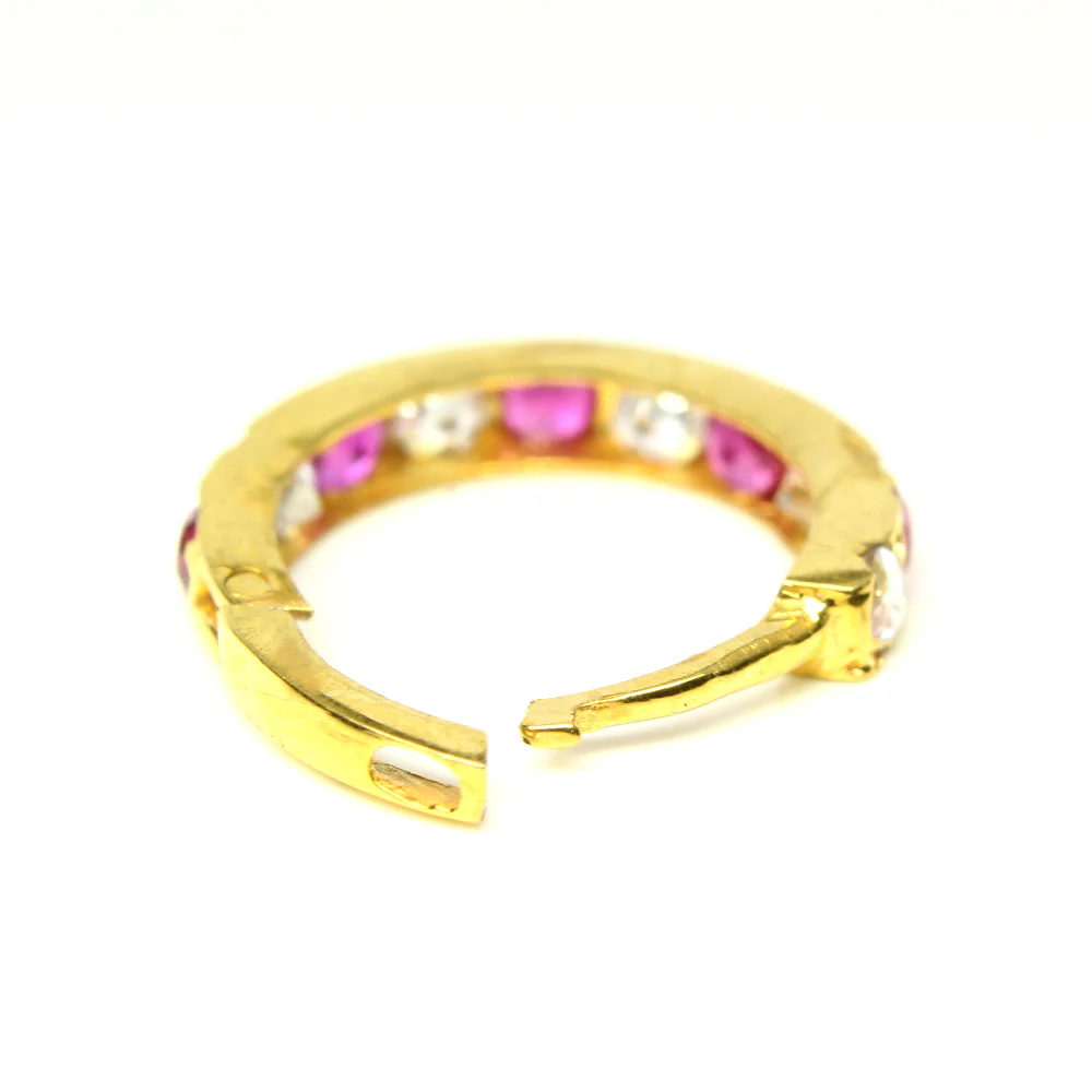 Cute 14k Yellow Gold Pink White CZ Indian Style Women Nose Hinged Hoop Ring 20g - Image 4