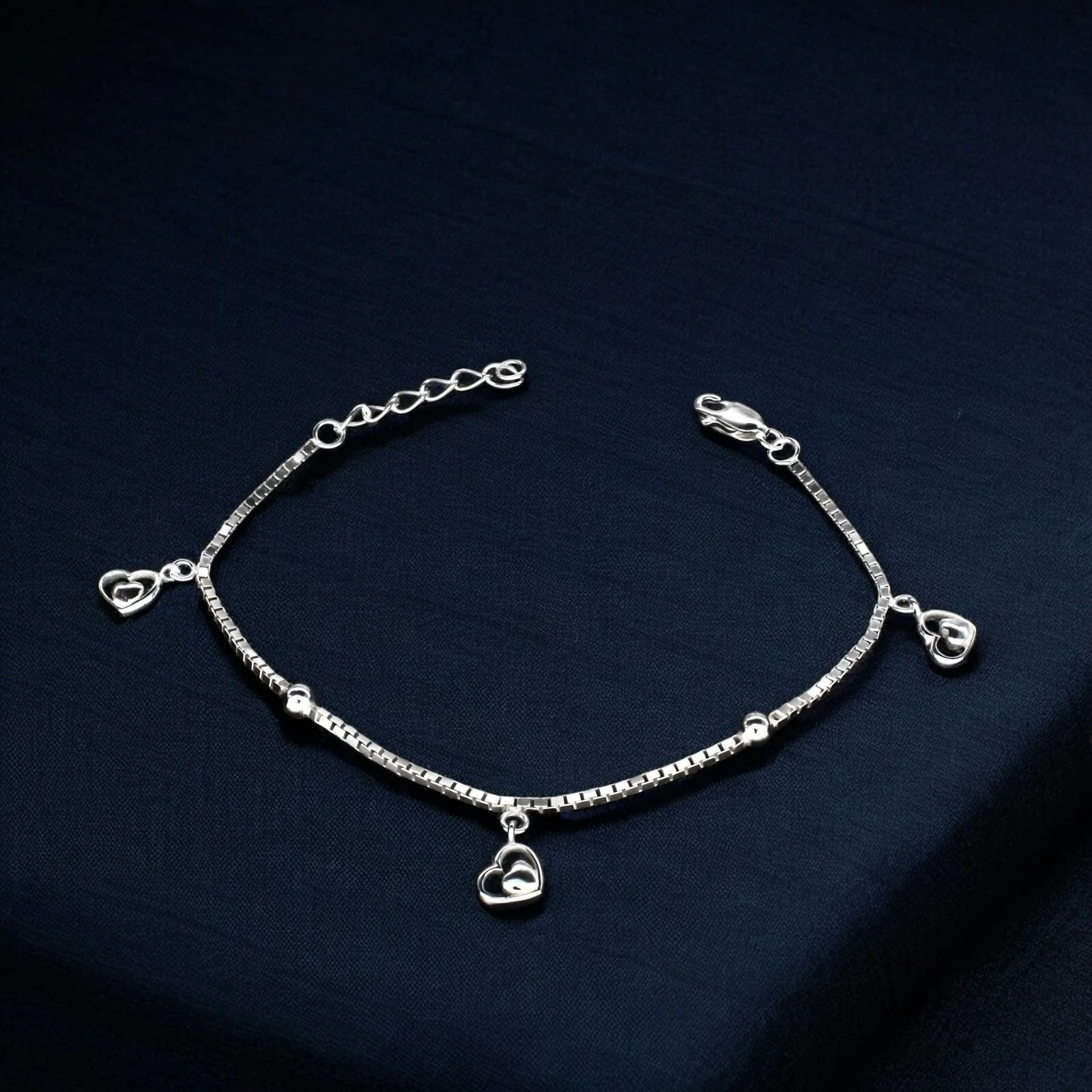 Cute 925 Sterling Silver dangle three heart charms box chain Bracelet for Girls