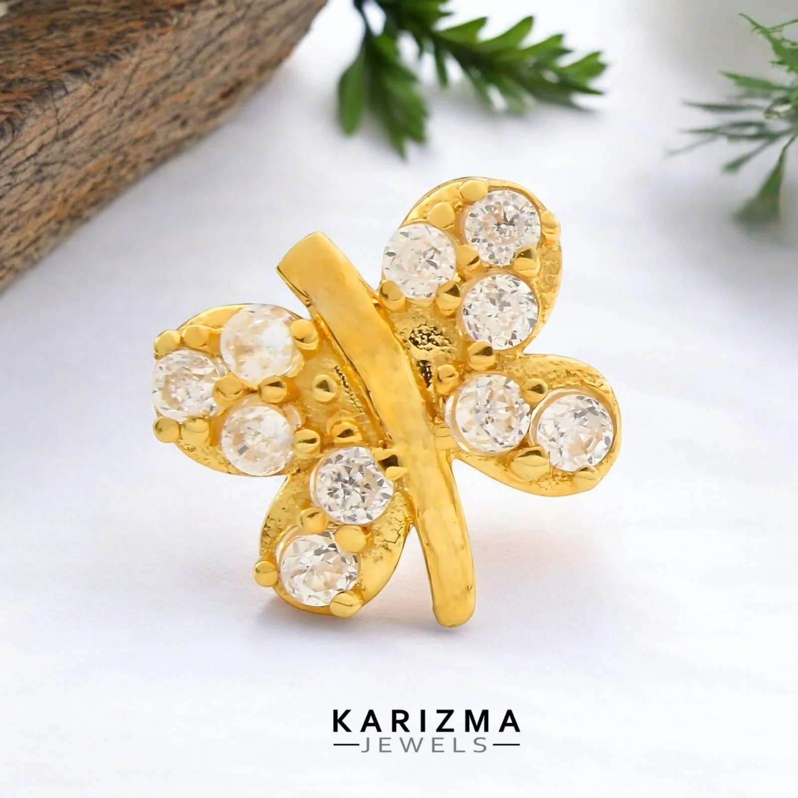 Cute Butterfly 18K Real Gold Indian Women White CZ Nose stud nose ring Push Pin