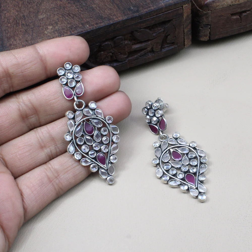 Cute Ethnic Traditional Style Real Silver Pink White CZ Dangle Earrings