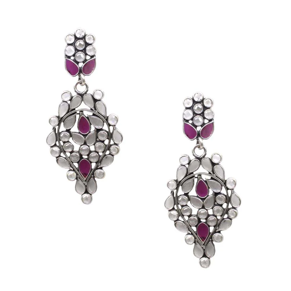 Cute Ethnic Traditional Style Real Silver Pink White CZ Dangle Earrings - Image 2