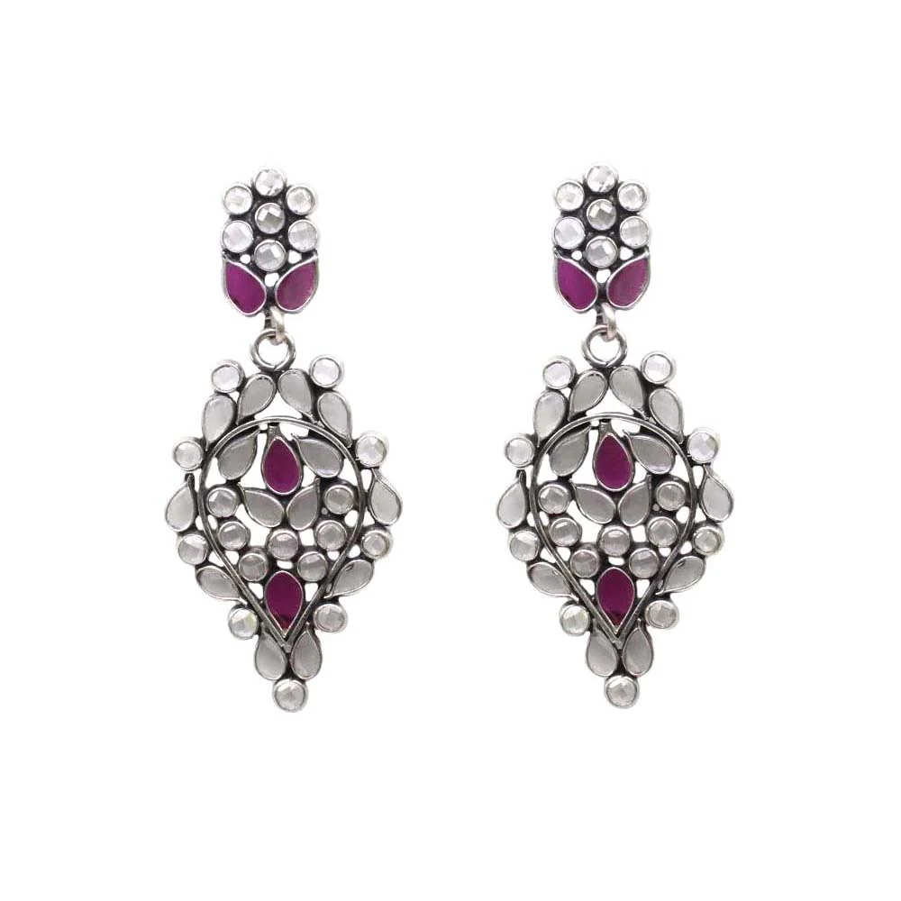 Cute Ethnic Traditional Style Real Silver Pink White CZ Dangle Earrings - Image 3