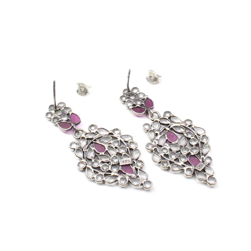 Cute Ethnic Traditional Style Real Silver Pink White CZ Dangle Earrings - Image 4