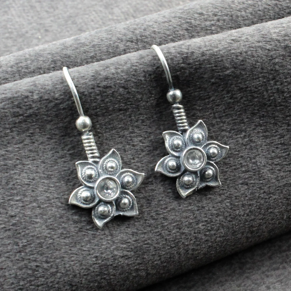 Cute Girls Style Real Silver Oxidized White Floral Earring - Image 2