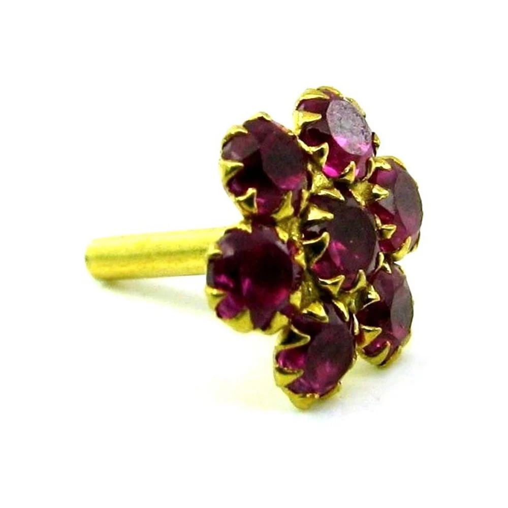 daisy Indian Style Red CZ Studded Body Piercing Jewelry Nose Stud Pin Solid Real 14k Yellow Gold - Image 2